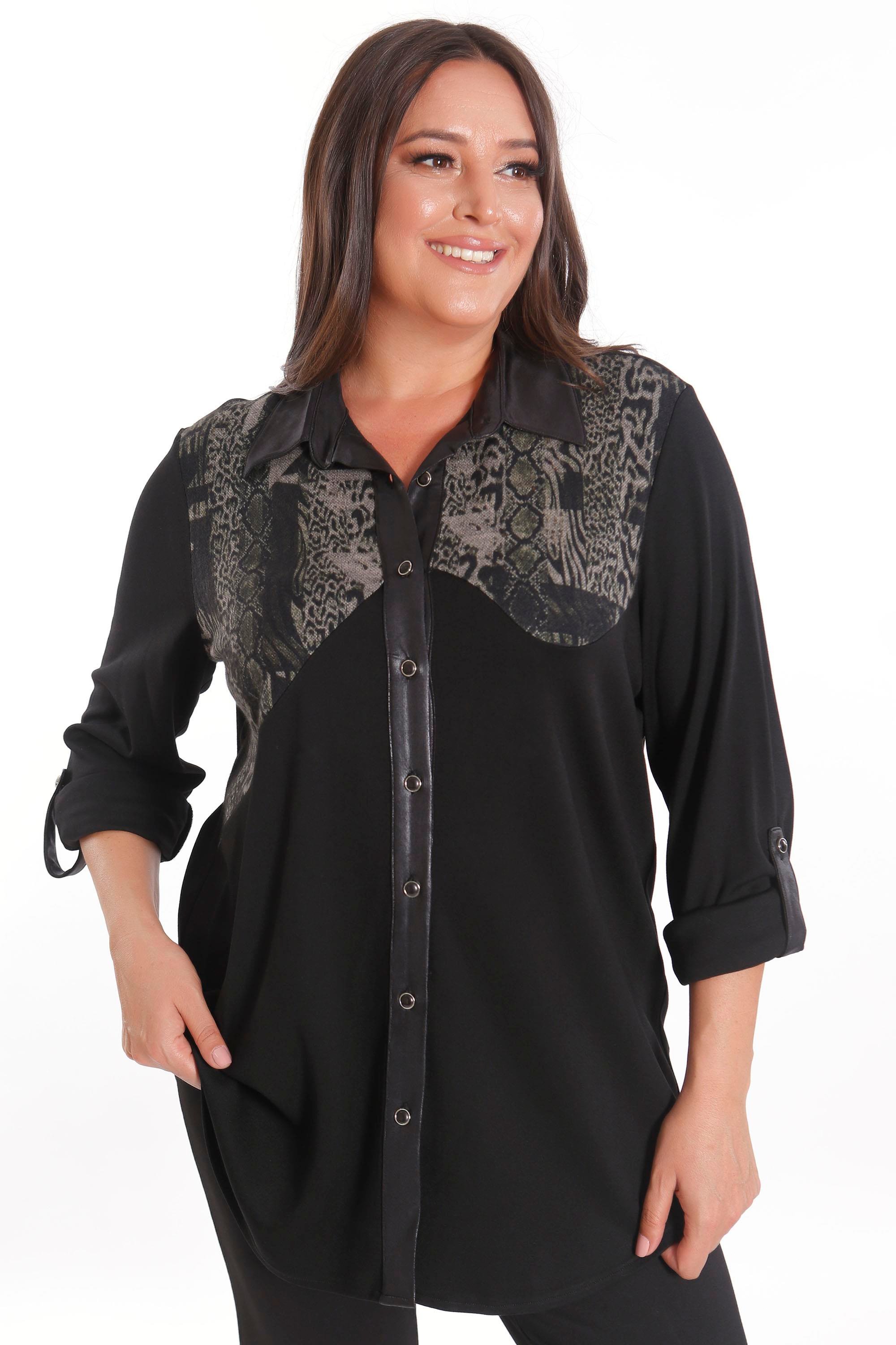 Trend42plus Büyük Beden Asimetrik Kesim Örme Haki Gömlek