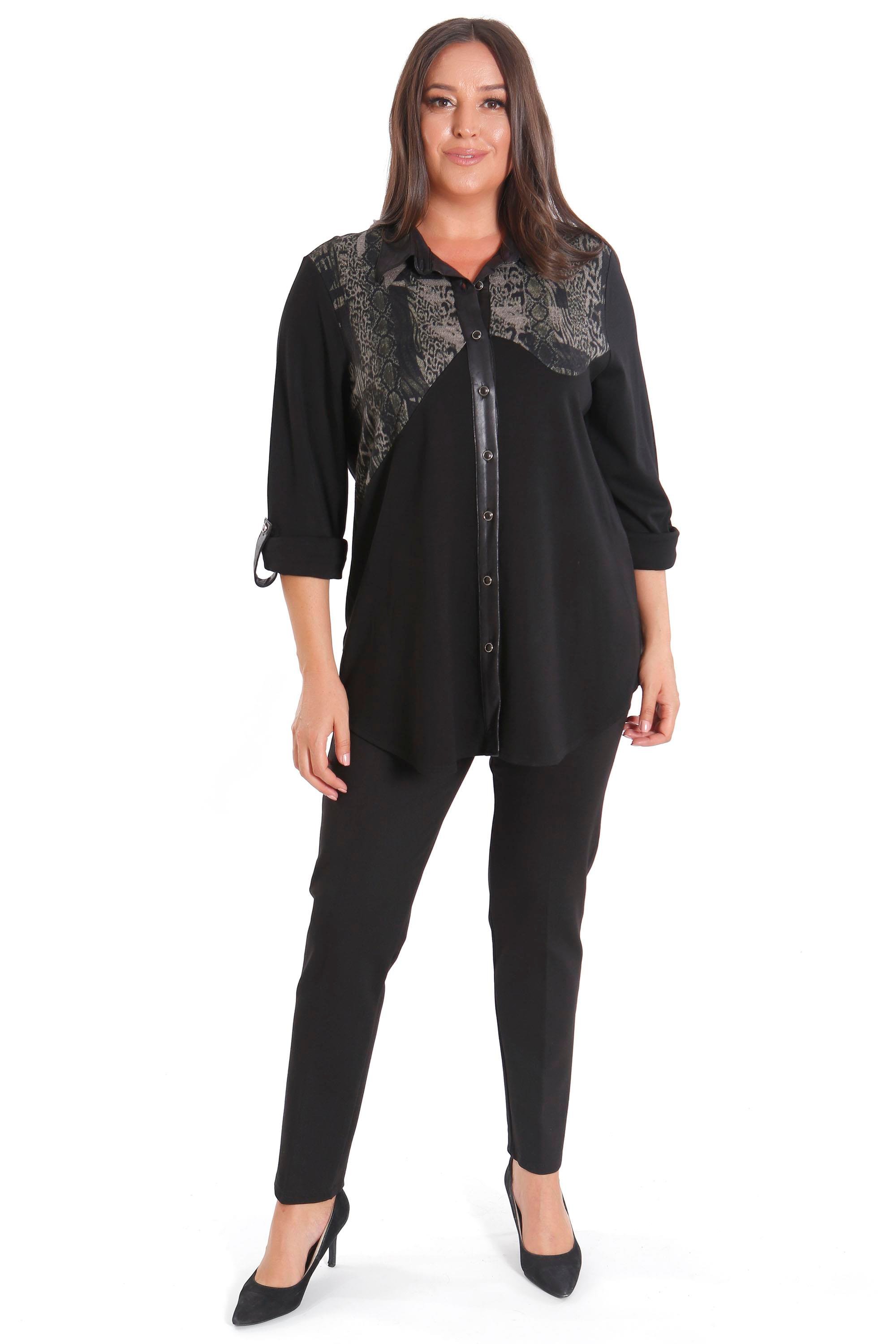 Trend42plus Büyük Beden Asimetrik Kesim Örme Haki Gömlek