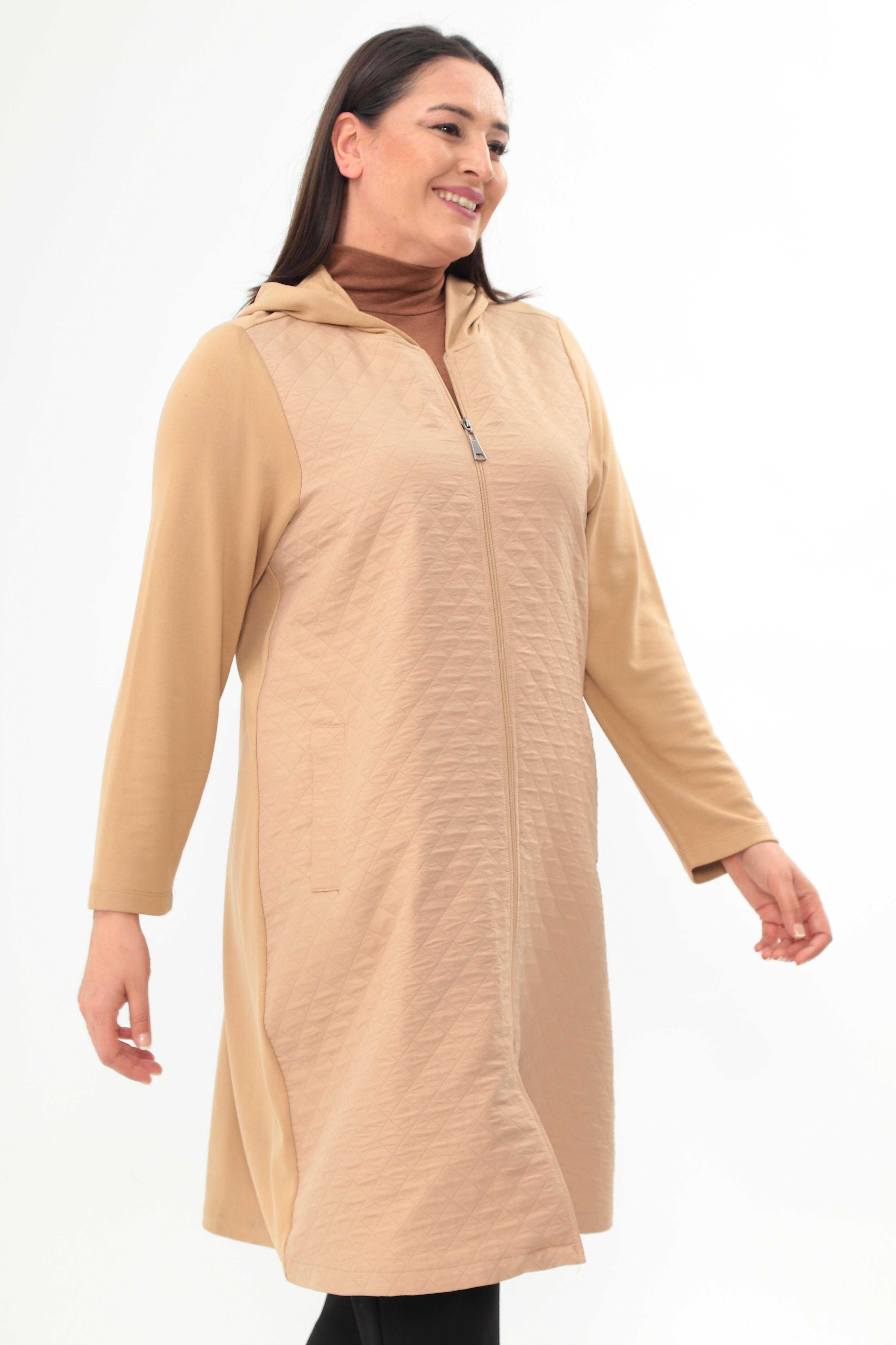 Trend42plus Büyük Beden Baklava Desen Fermuarlı Bej Kap