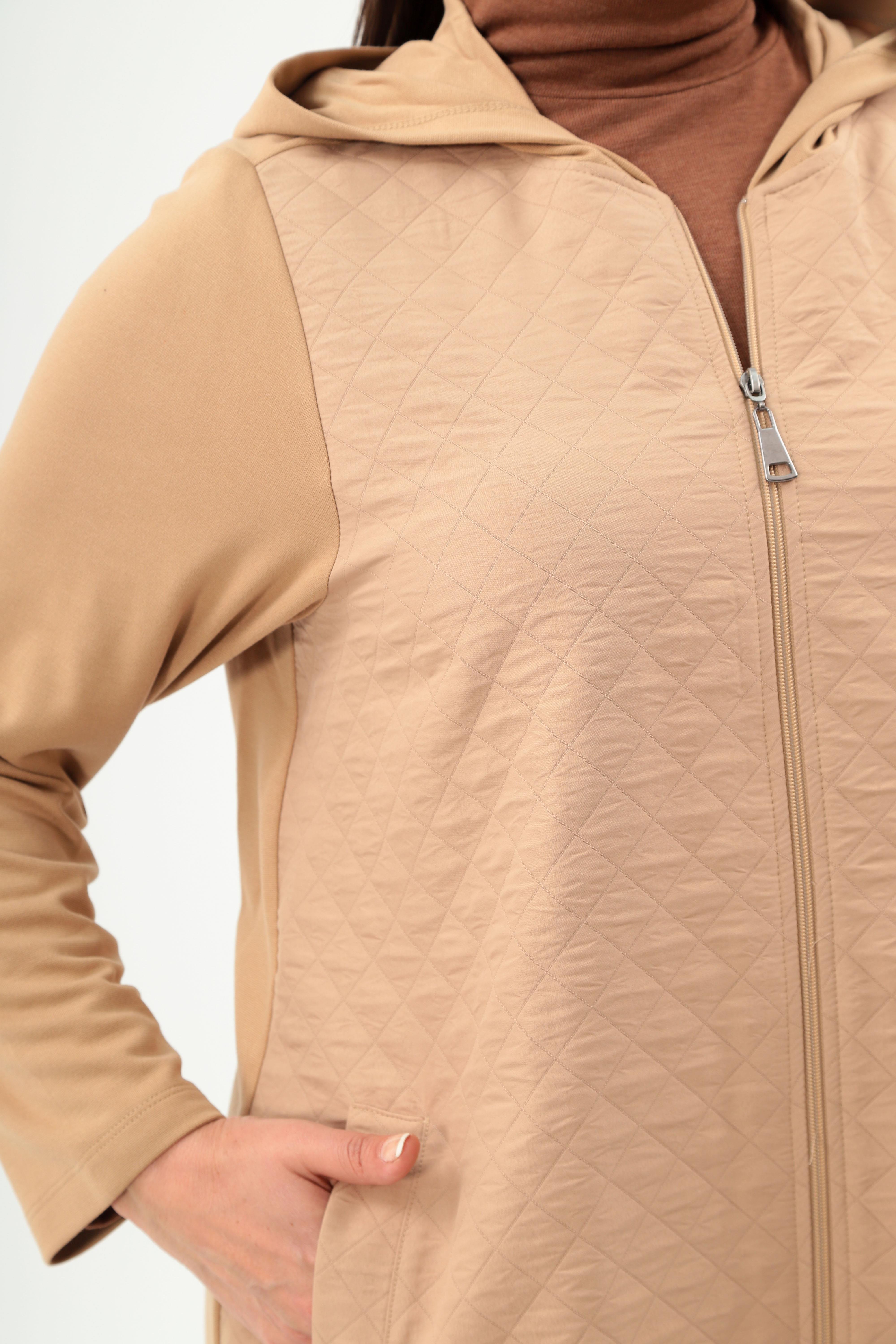 Trend42plus Büyük Beden Baklava Desen Fermuarlı Bej Kap