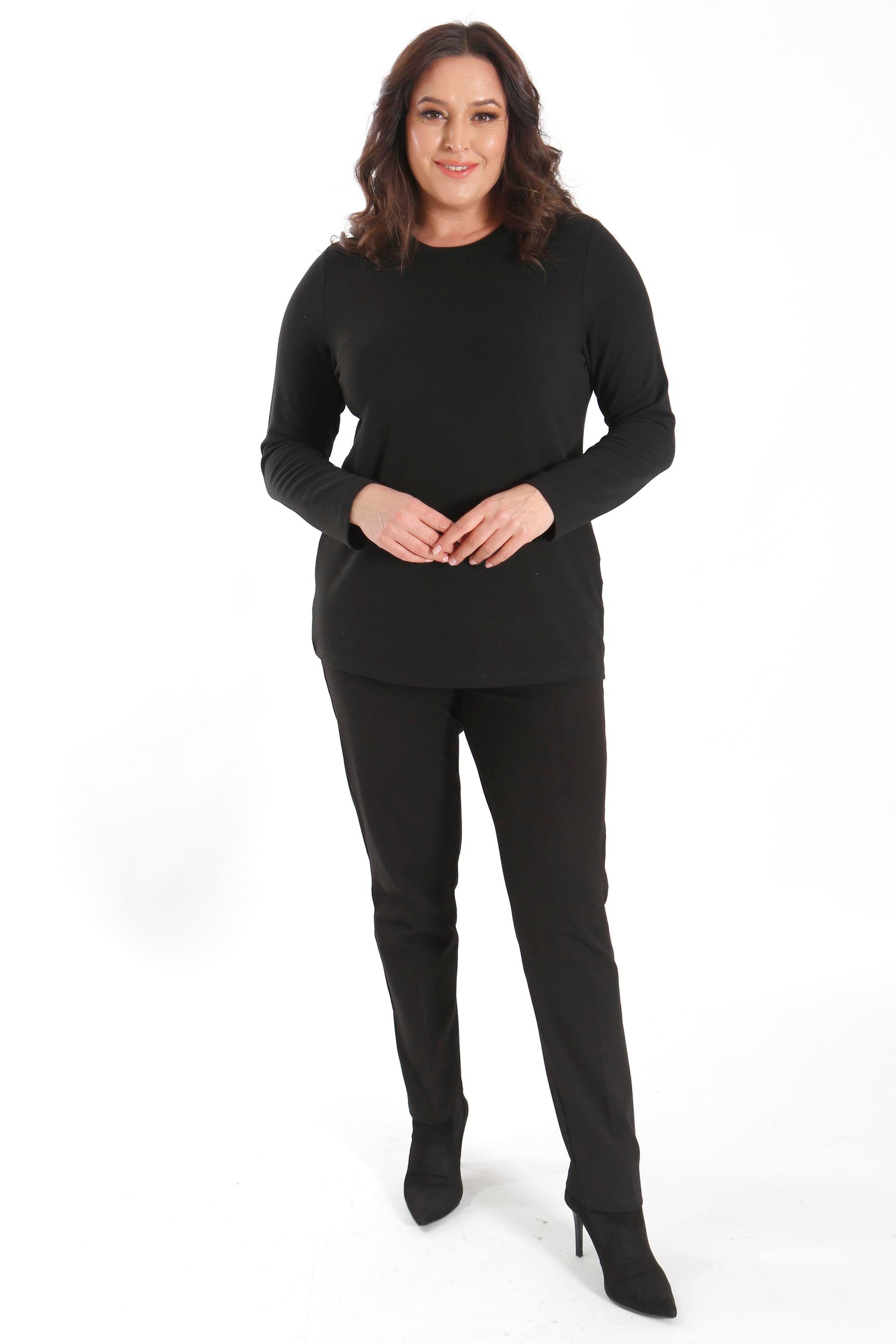 Trend42plus büyük Beden Basic Bisiklet Yaka Siyah Bluz