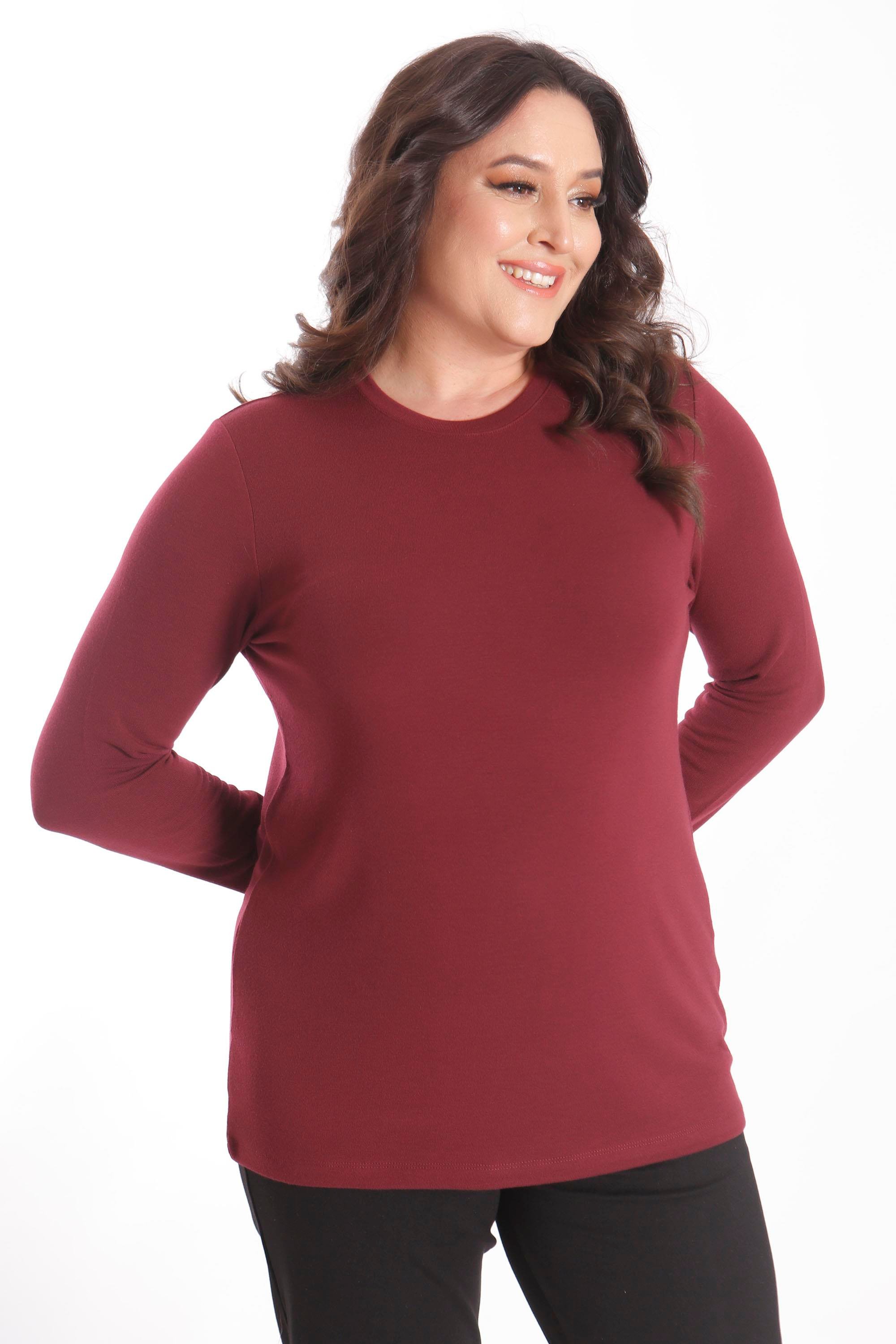 Trend42plus büyük Beden Basic Bisiklet Yaka Bordo Bluz