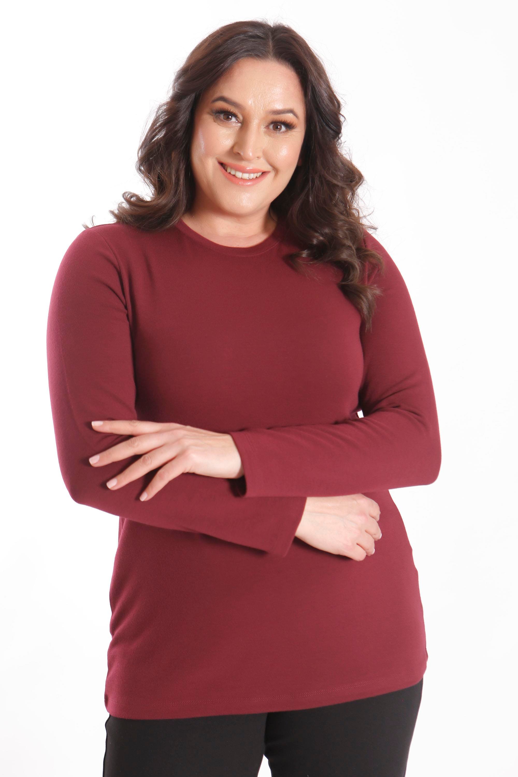 Trend42plus büyük Beden Basic Bisiklet Yaka Bordo Bluz