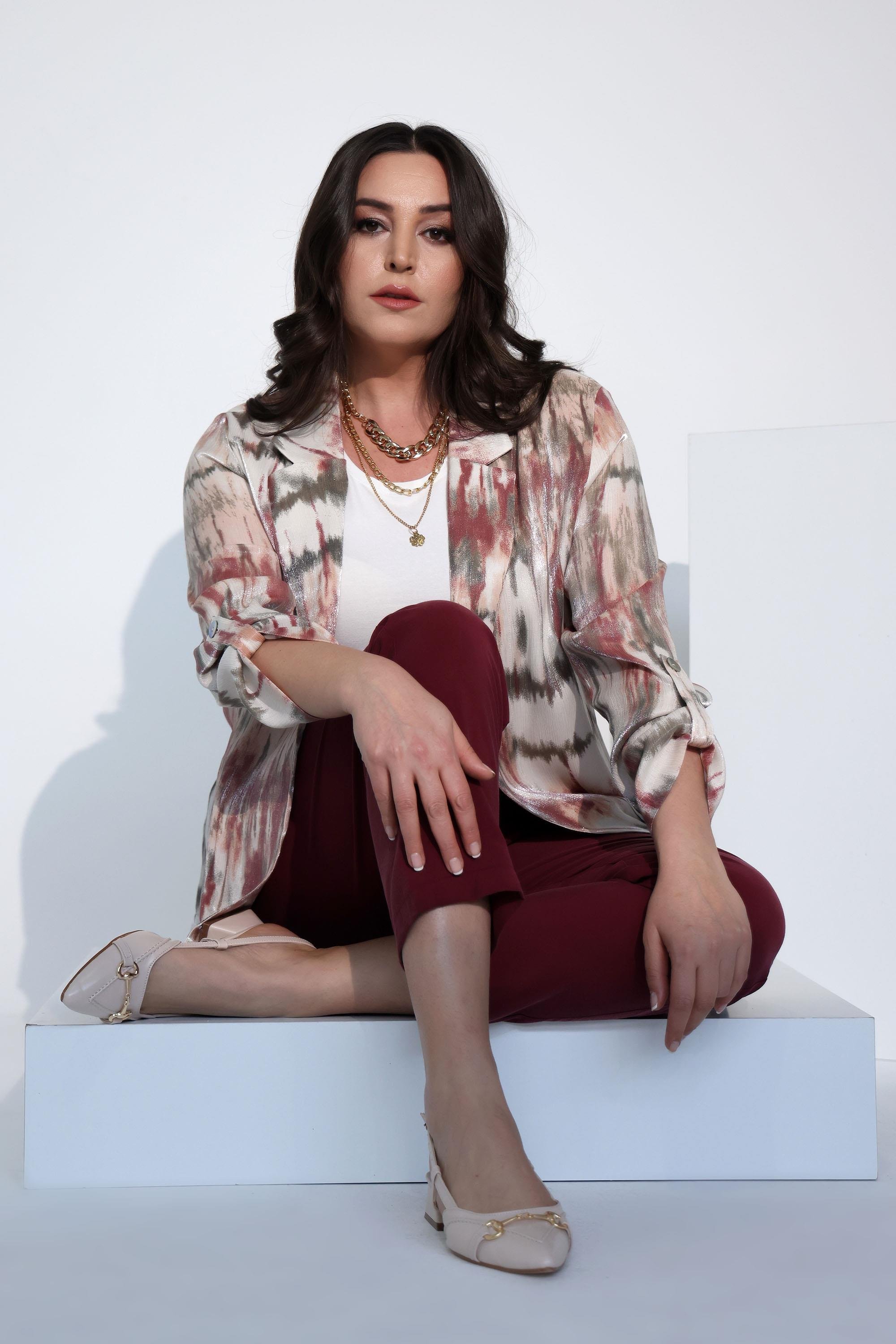 Trend42plus Büyük Beden Batik Desen Kruvaze Yaka Pudra Ceket 