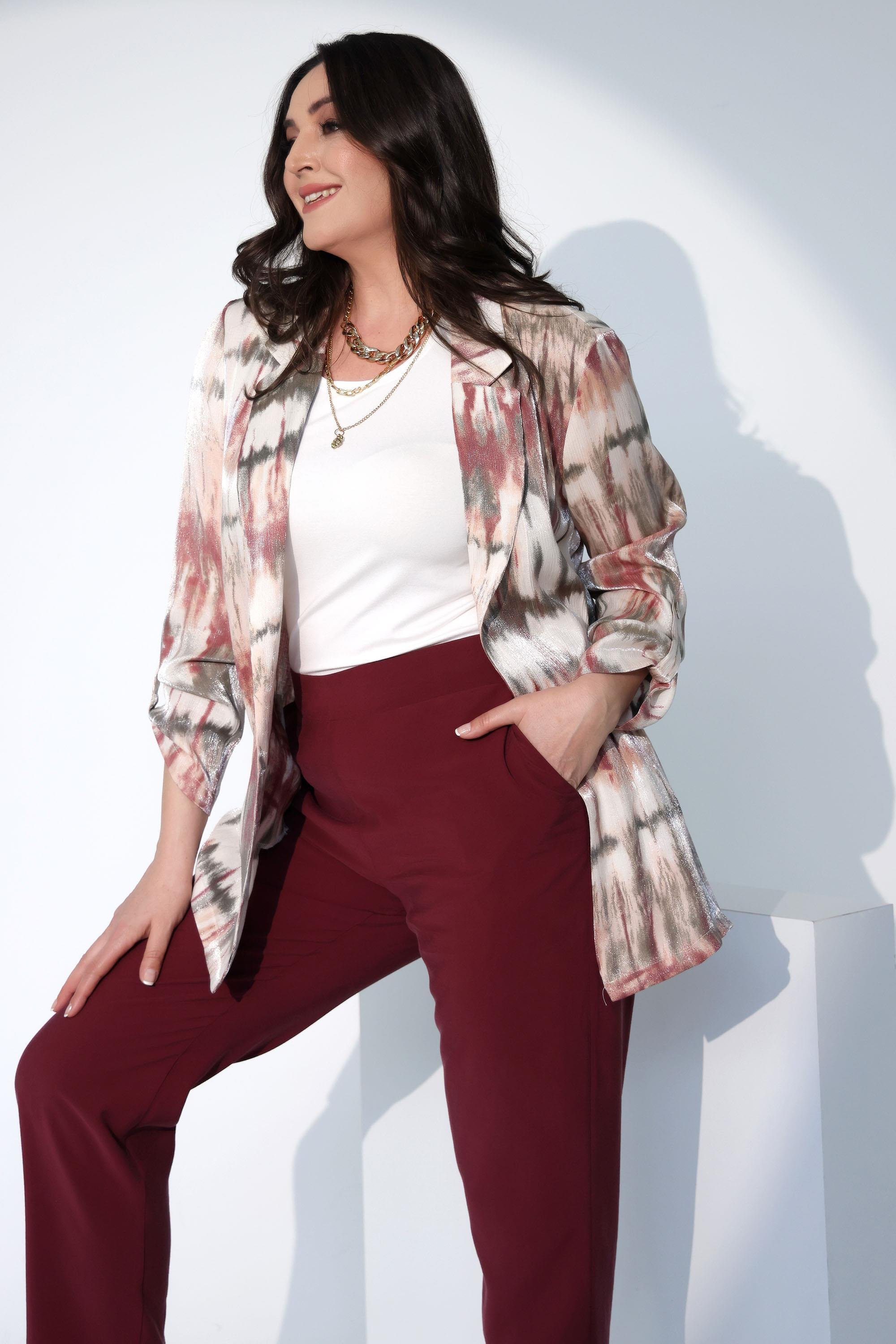 Trend42plus Büyük Beden Batik Desen Kruvaze Yaka Pudra Ceket 