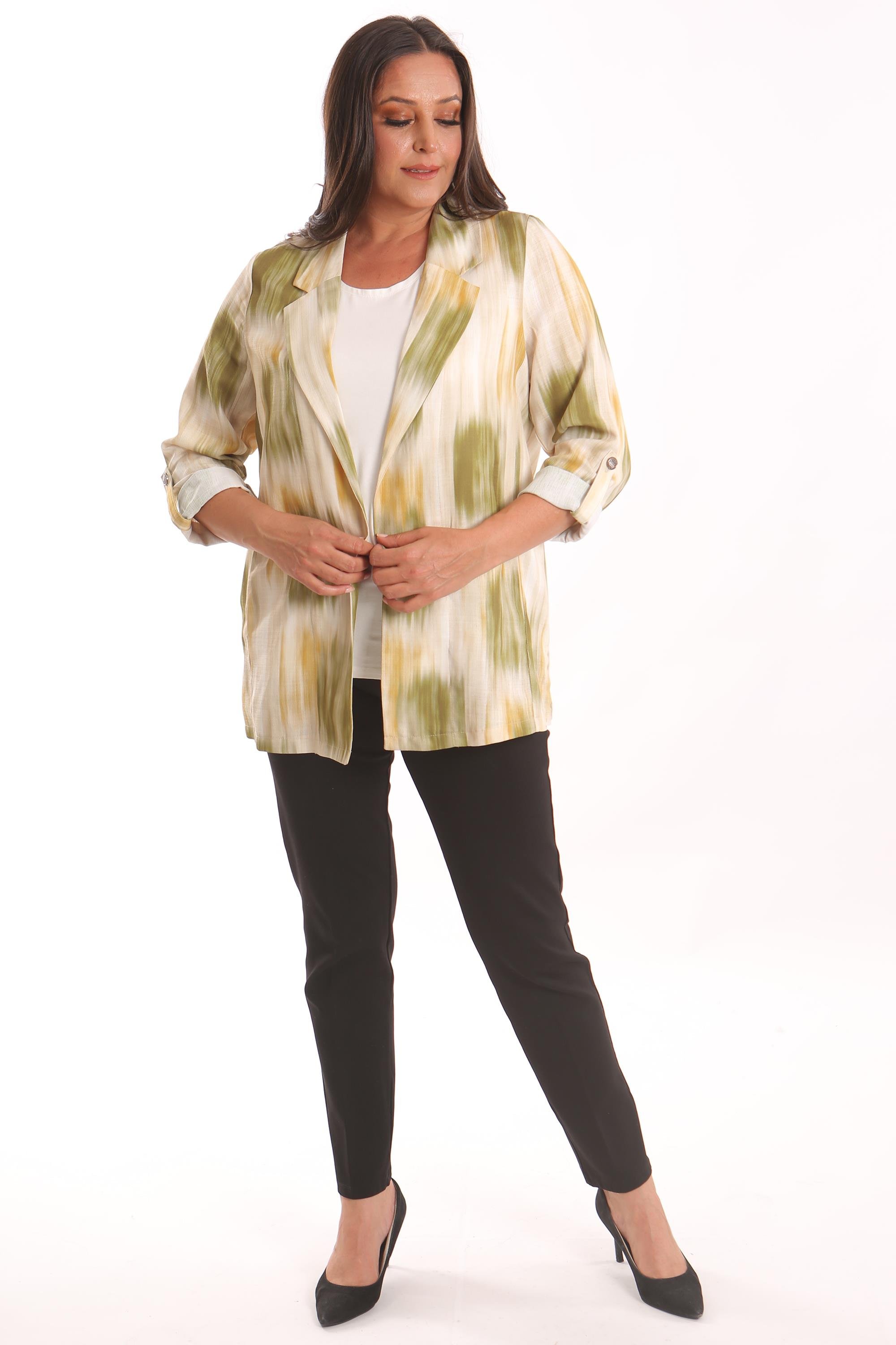 Trend42plus Büyük Beden Batik Desen Kruvaze Yaka Haki Ceket 