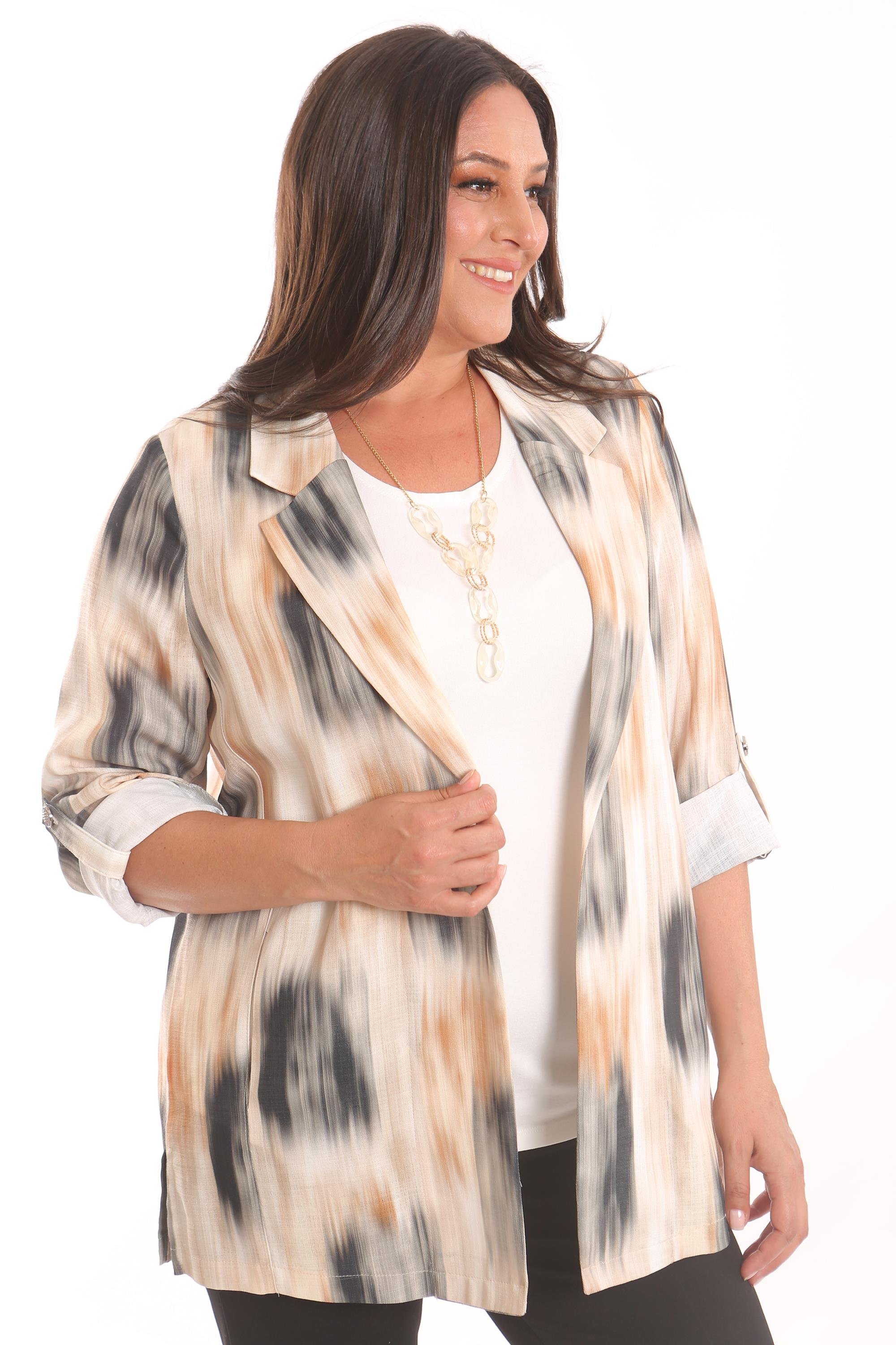 Trend42plus Büyük Beden Batik Desen Kruvaze Yaka Siyah Ceket 