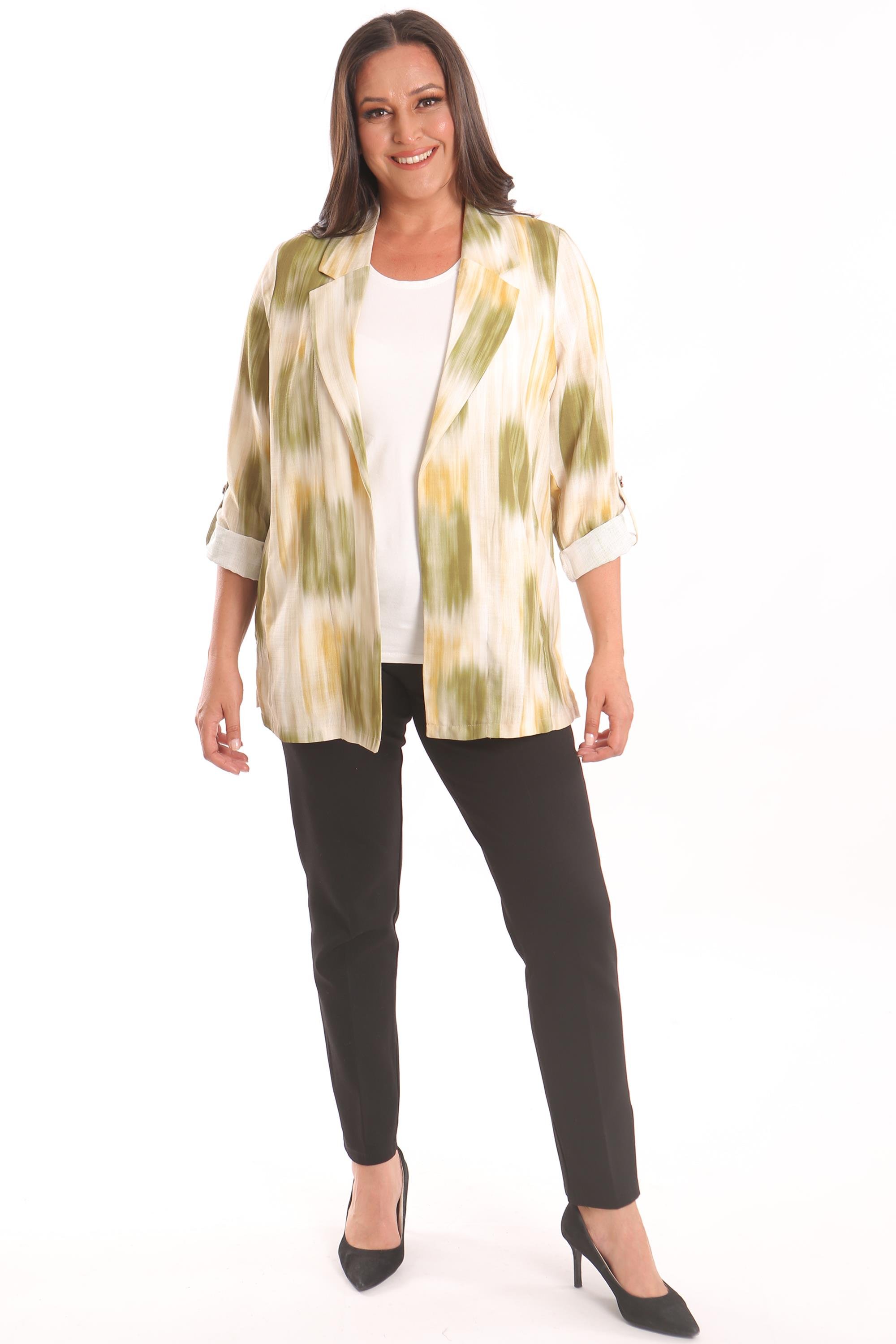 Trend42plus Büyük Beden Batik Desen Kruvaze Yaka Haki Ceket 