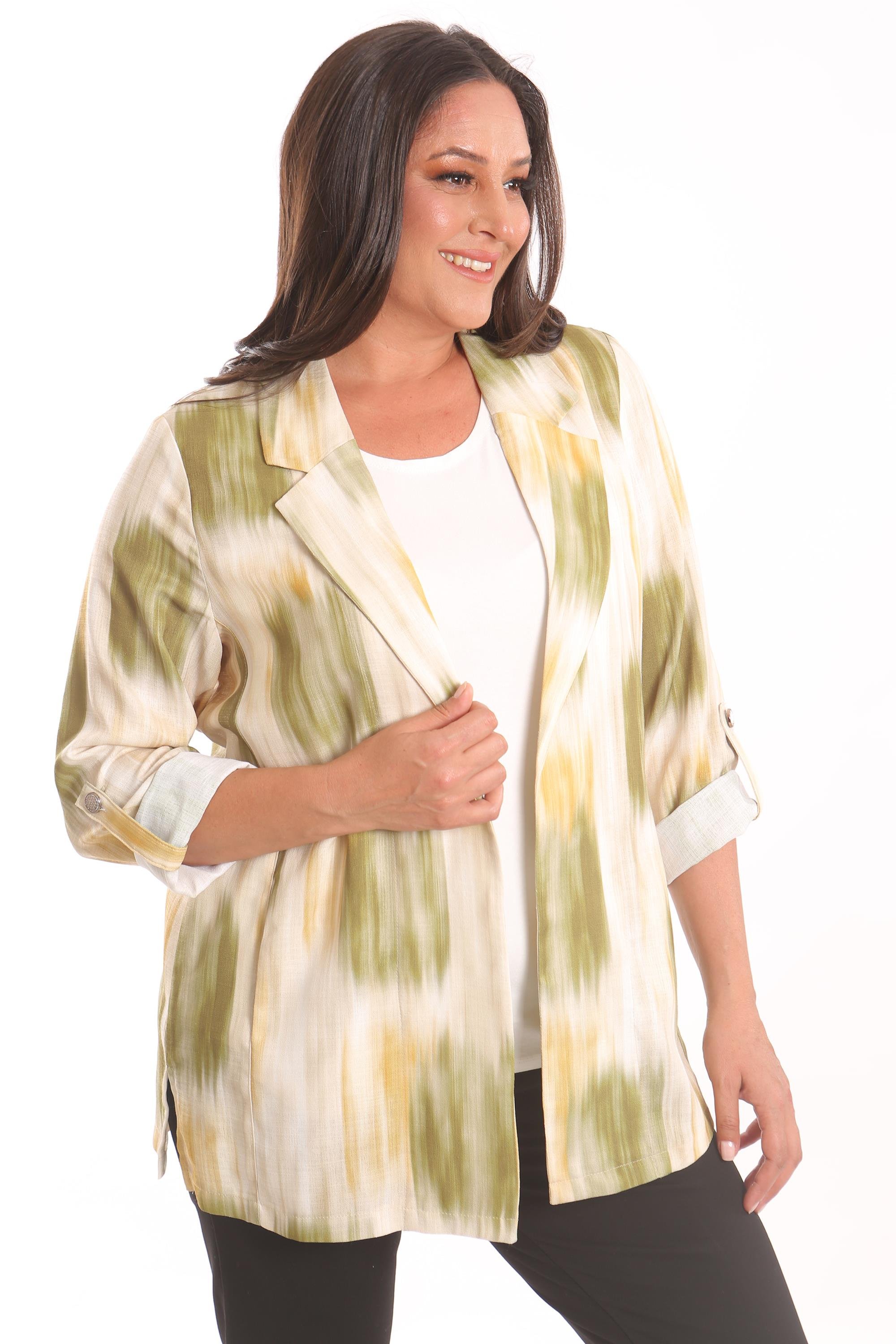 Trend42plus Büyük Beden Batik Desen Kruvaze Yaka Haki Ceket 