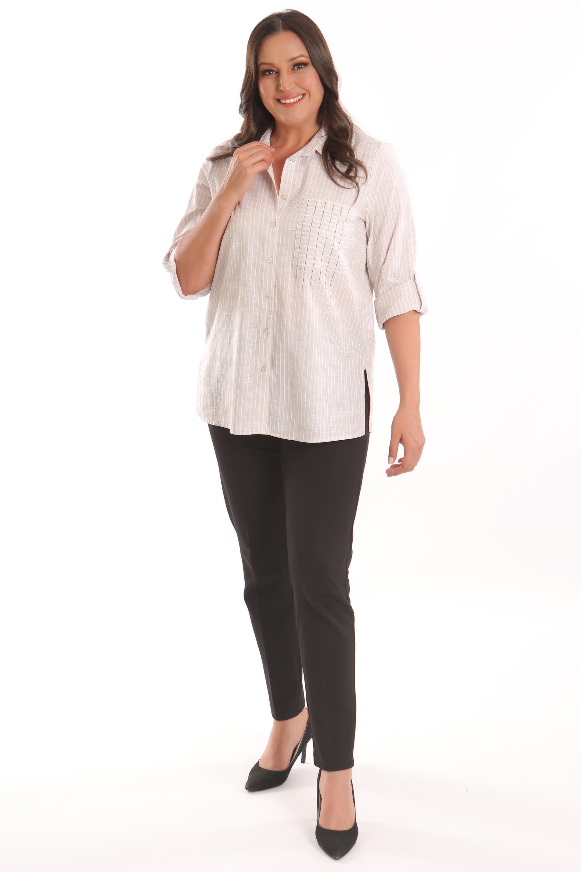 Trend42plus Büyük Beden Bej Cebi Taş Baskılı Çizgili Gömlek