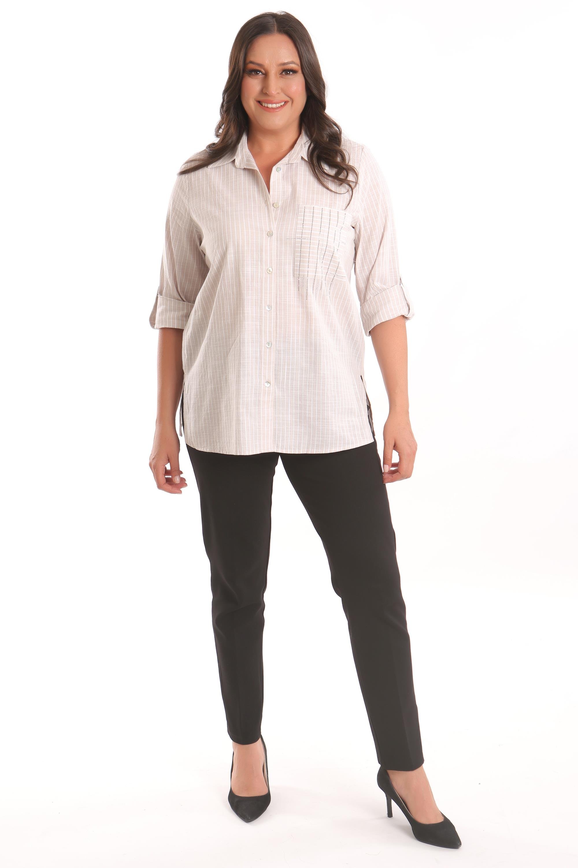 Trend42plus Büyük Beden Bej Cebi Taş Baskılı Çizgili Gömlek