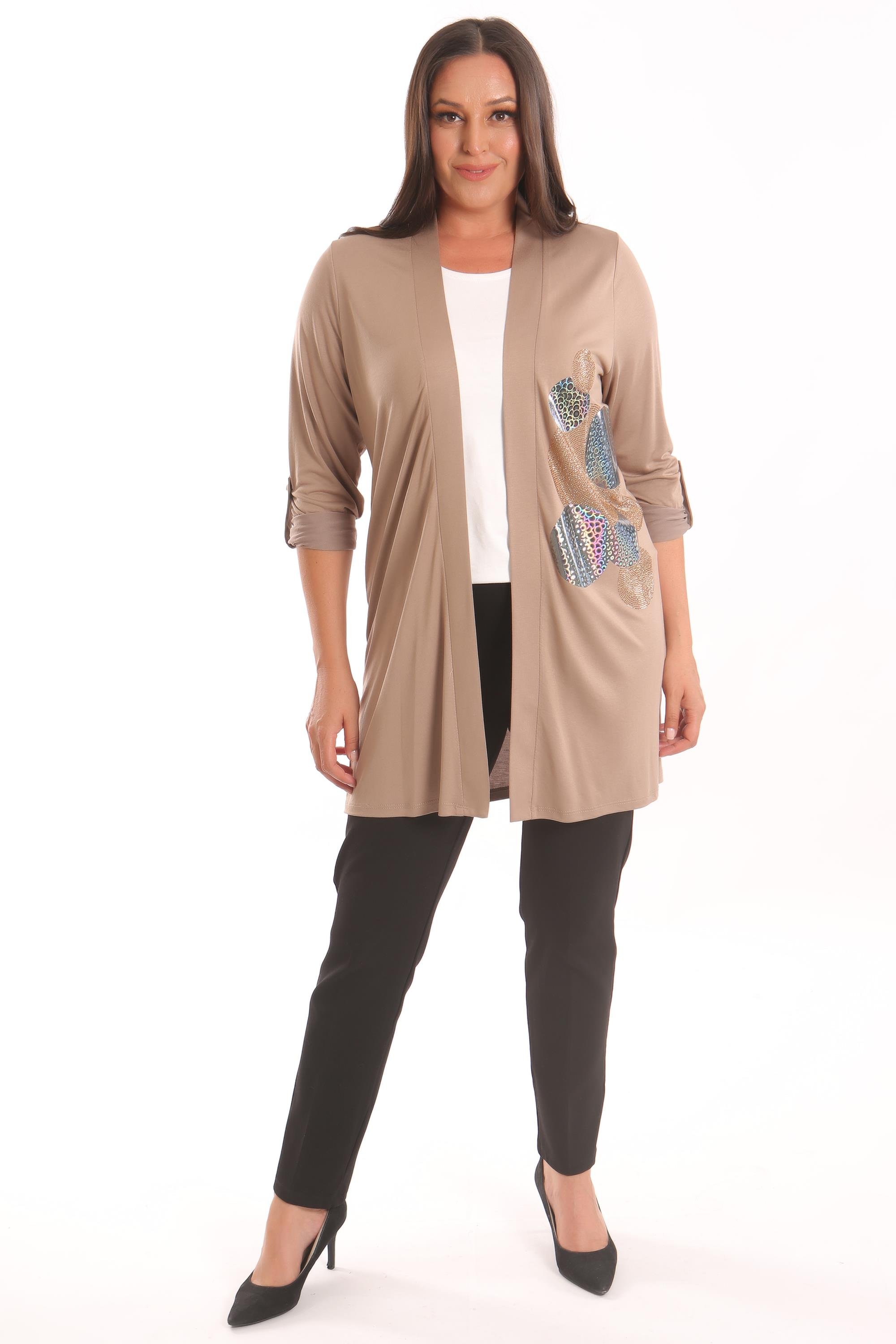 Trend42plus Büyük Beden Bej Daire Desen Taş Baskılı Uzun Hırka