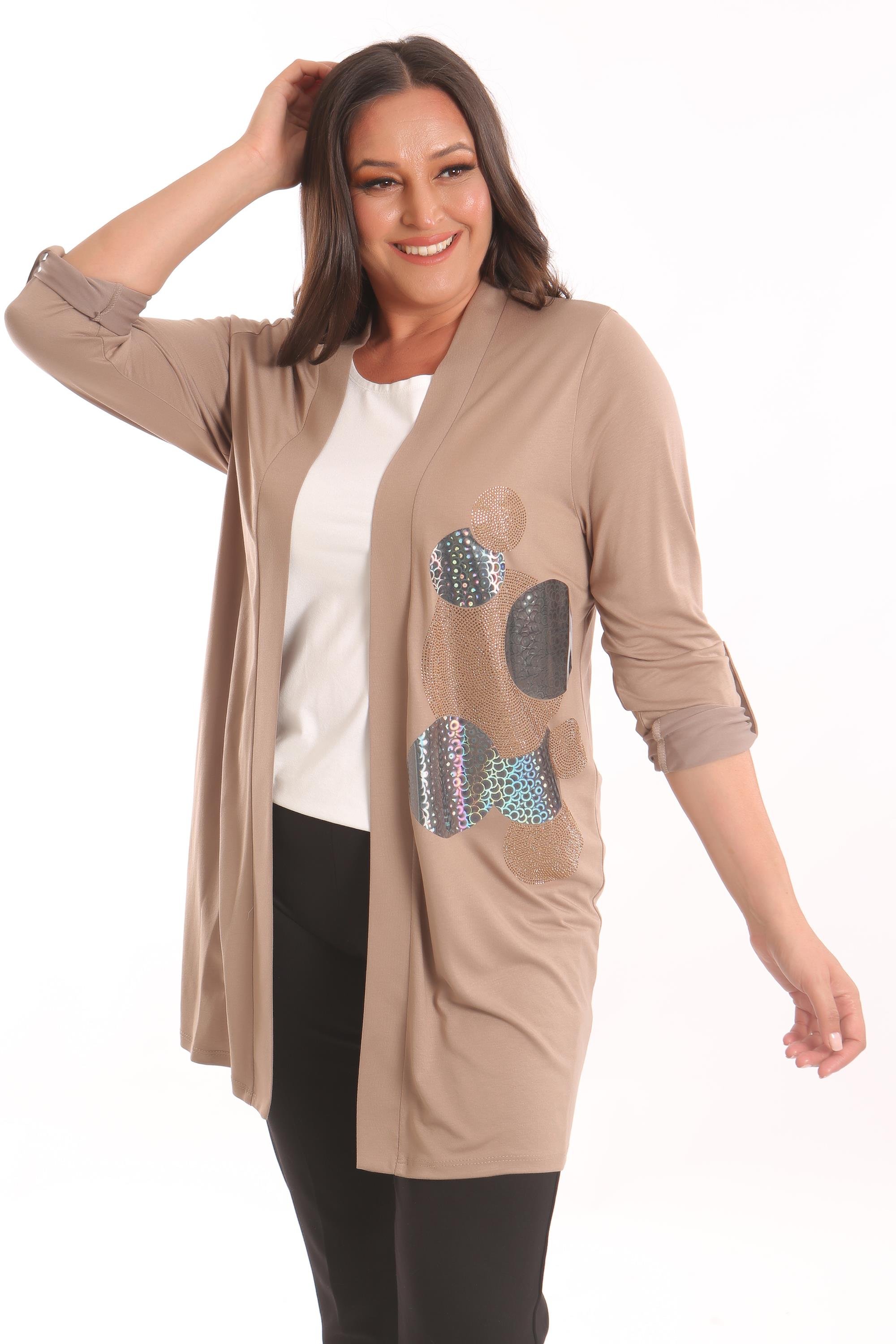 Trend42plus Büyük Beden Bej Daire Desen Taş Baskılı Uzun Hırka