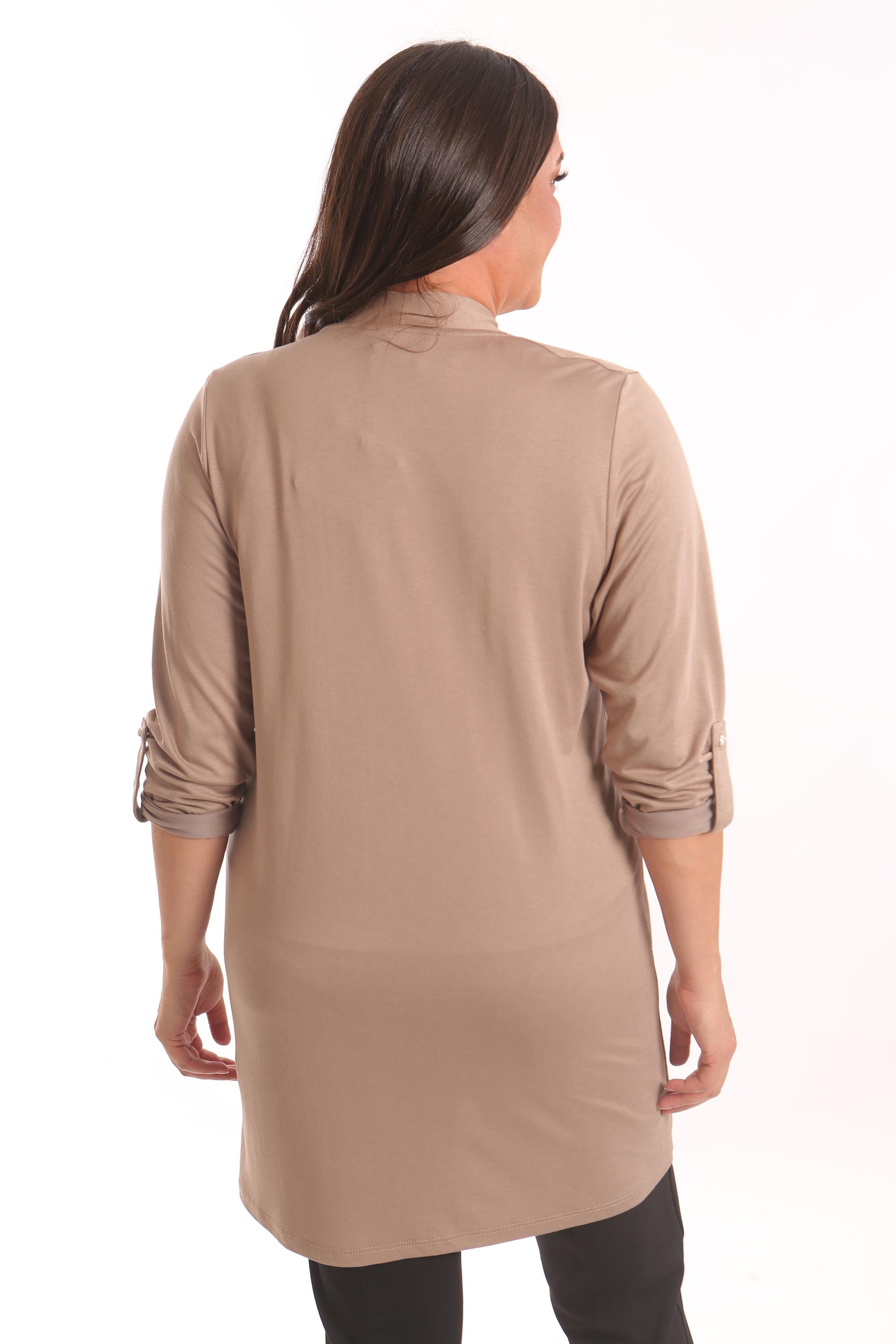 Trend42plus Büyük Beden Bej Daire Desen Taş Baskılı Uzun Hırka