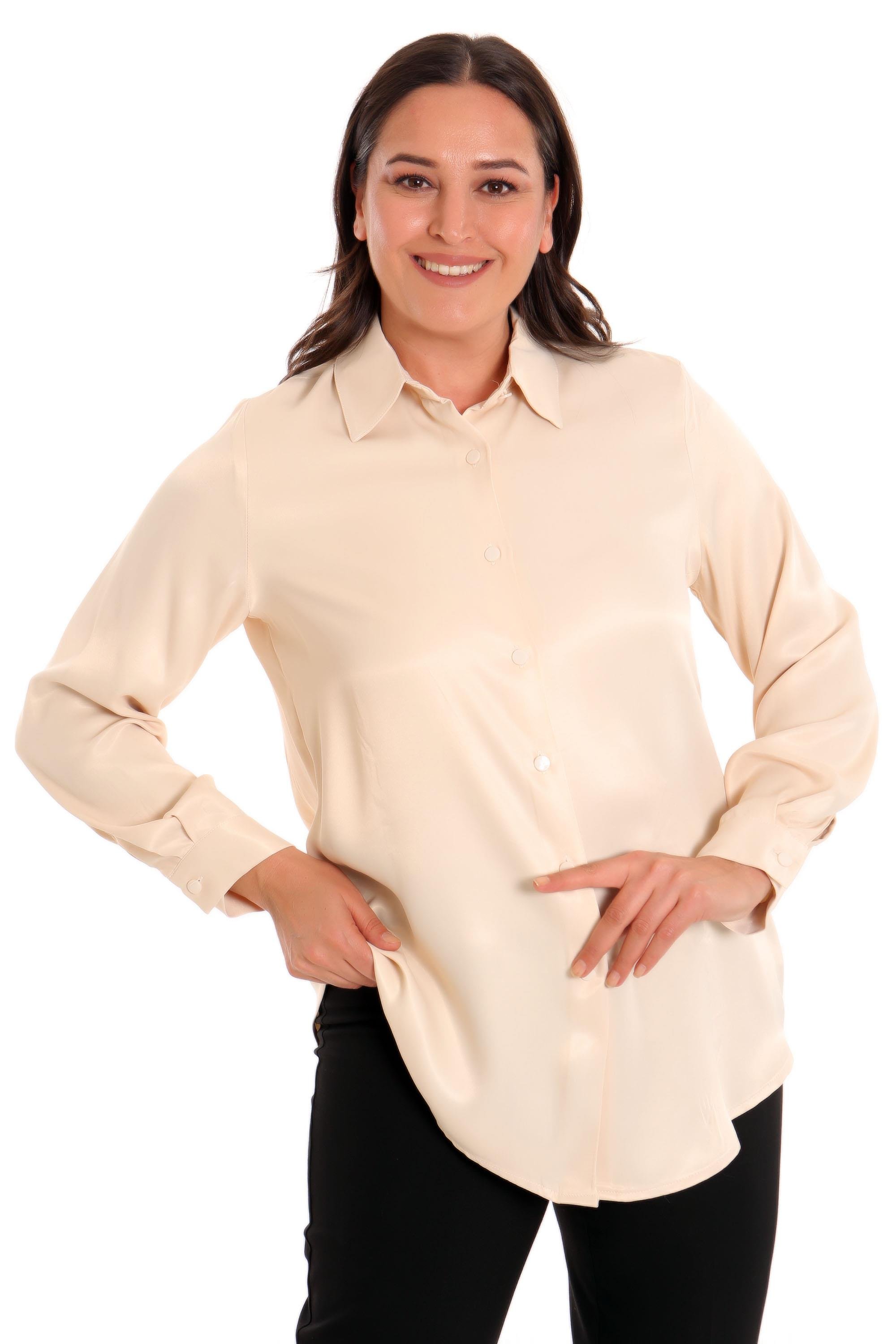 Trend42plus Büyük Beden Bej Saten Gömlek