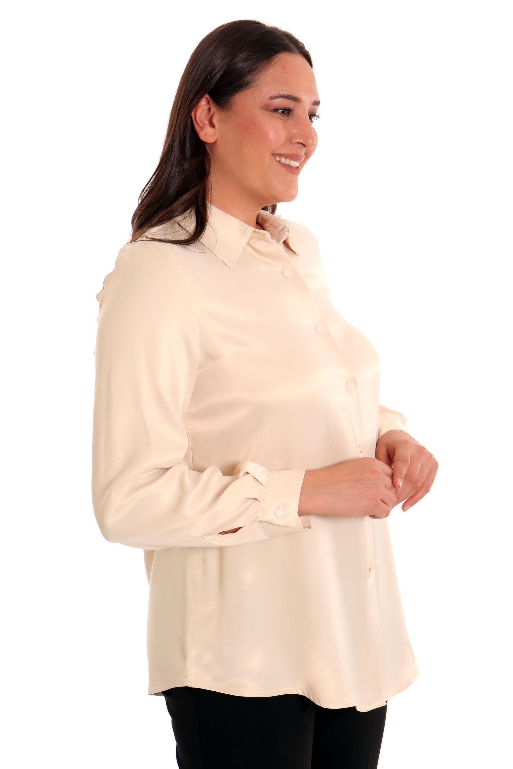 Trend42plus Büyük Beden Bej Saten Gömlek