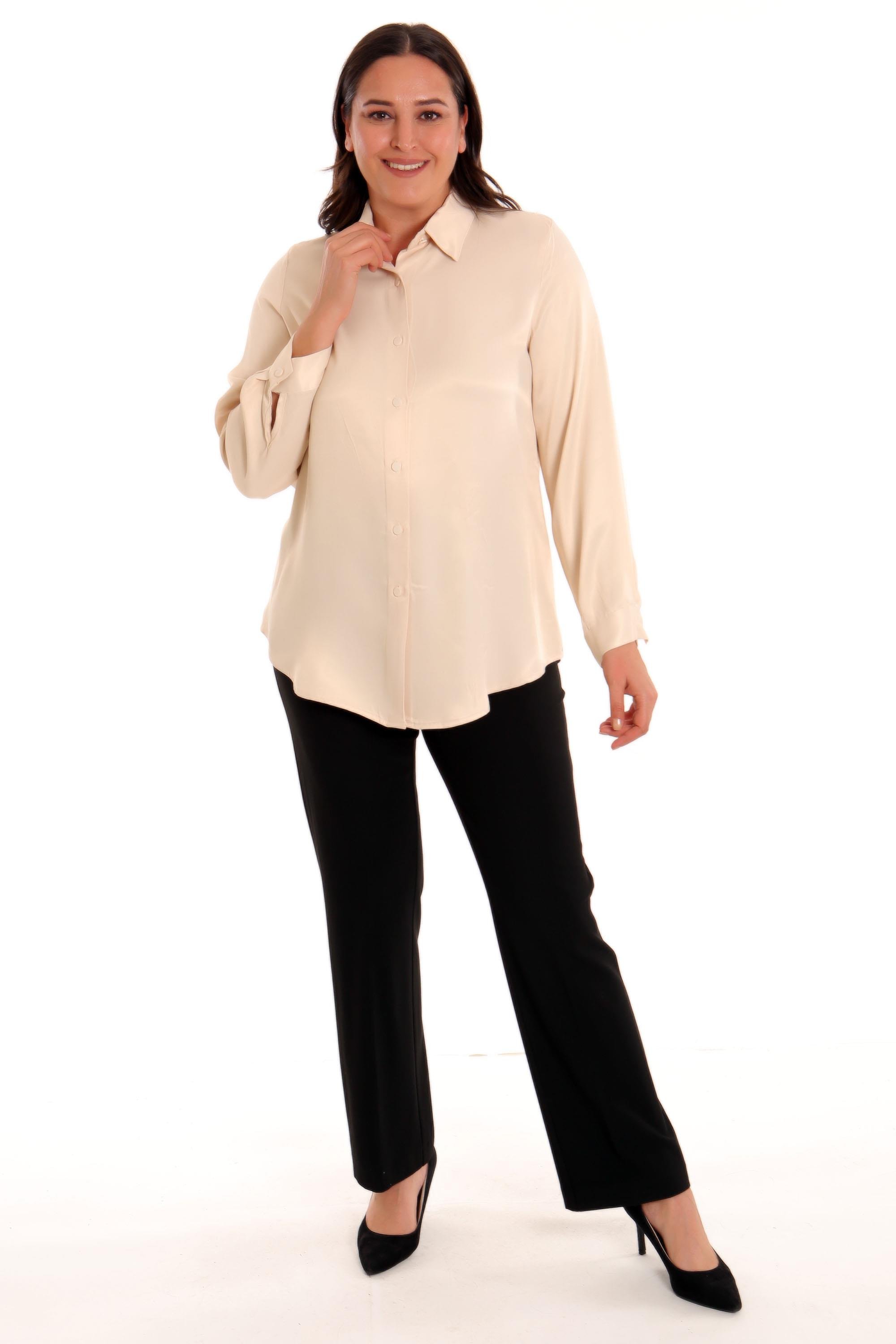 Trend42plus Büyük Beden Bej Saten Gömlek