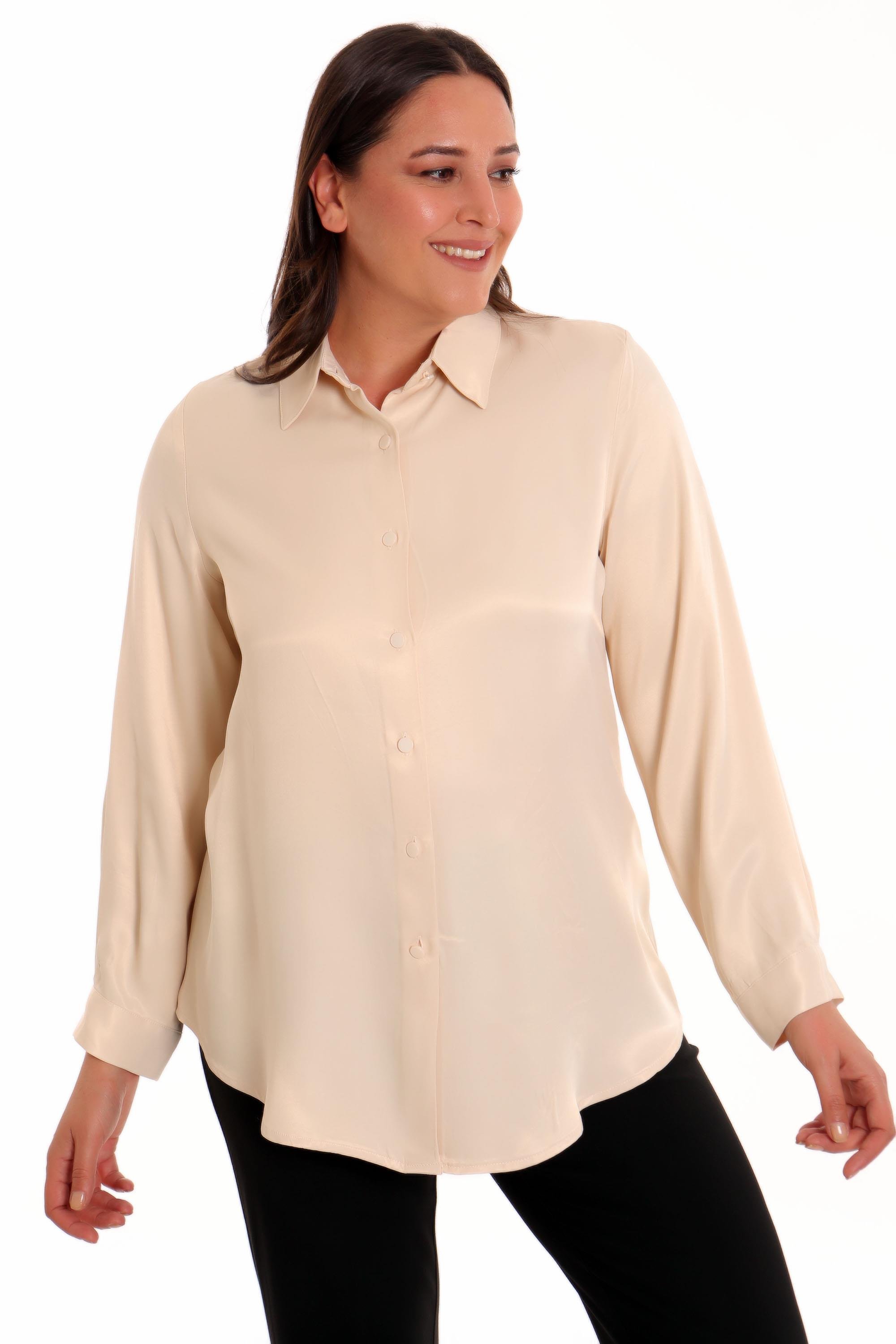 Trend42plus Büyük Beden Bej Saten Gömlek