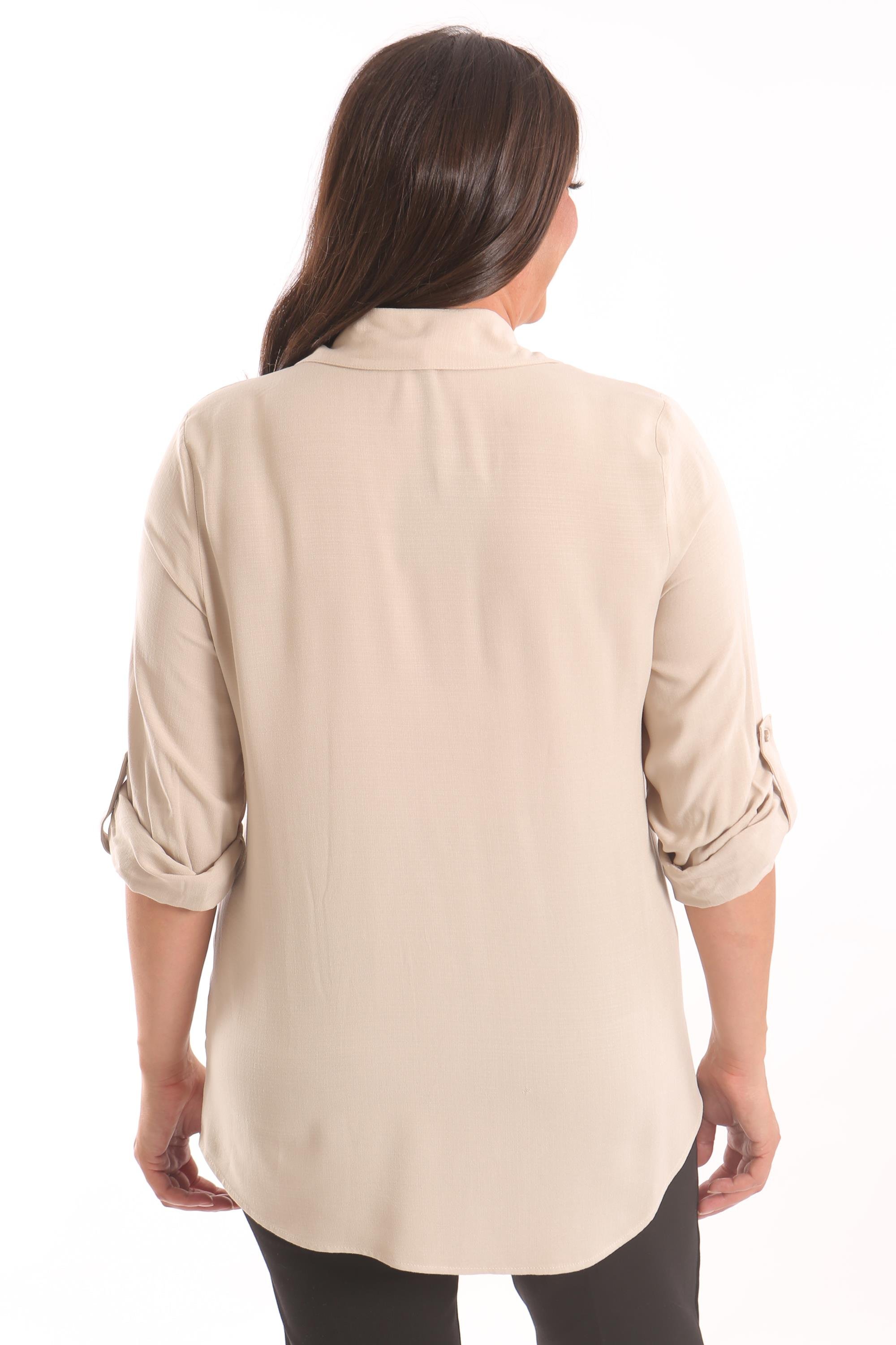 Trend42plus Büyük Beden Bej Taş Baskılı Dokuma Gömlek