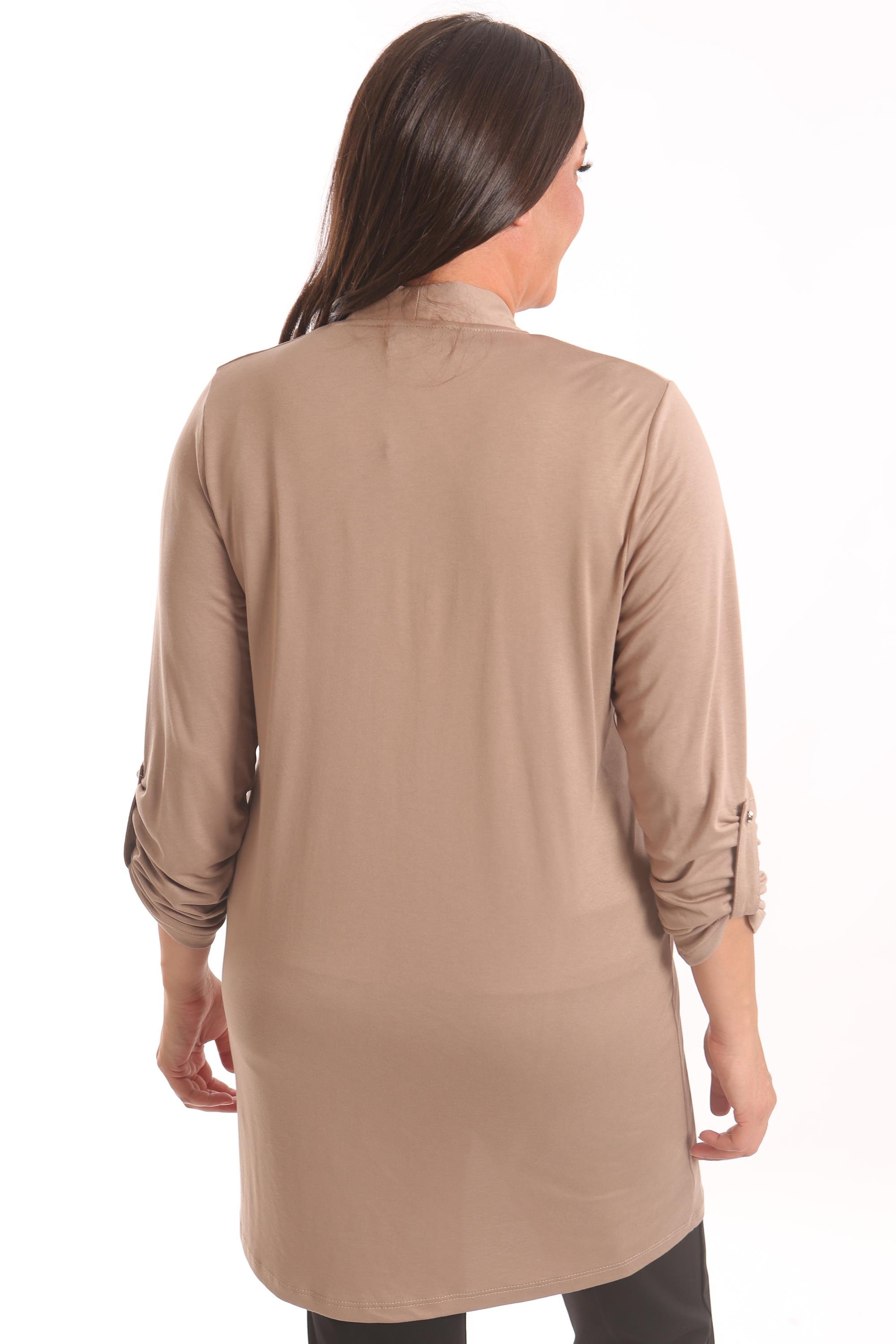 Trend42plus Büyük Beden Bej Taş Baskılı Uzun Hırka