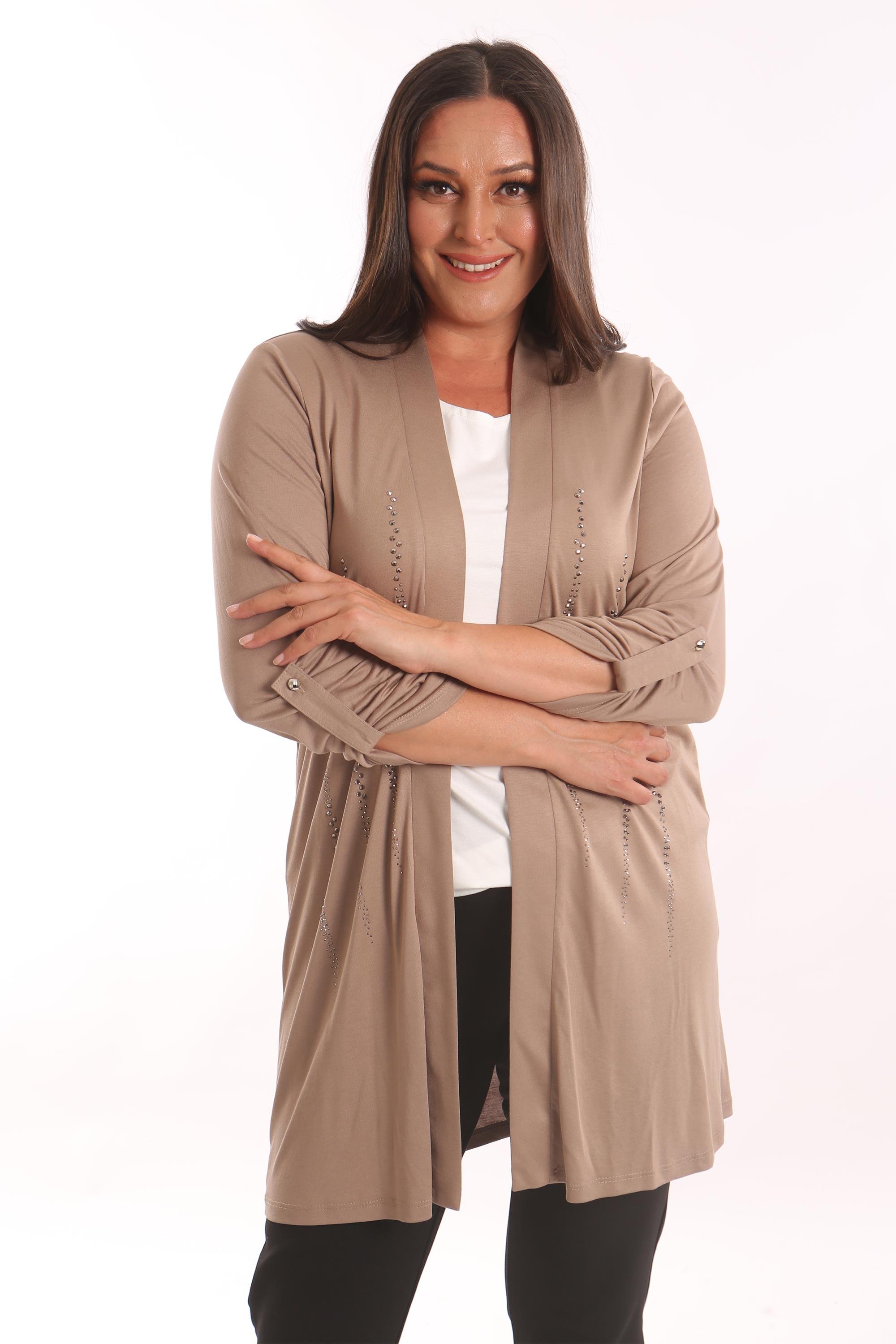 Trend42plus Büyük Beden Bej Taş Baskılı Uzun Hırka