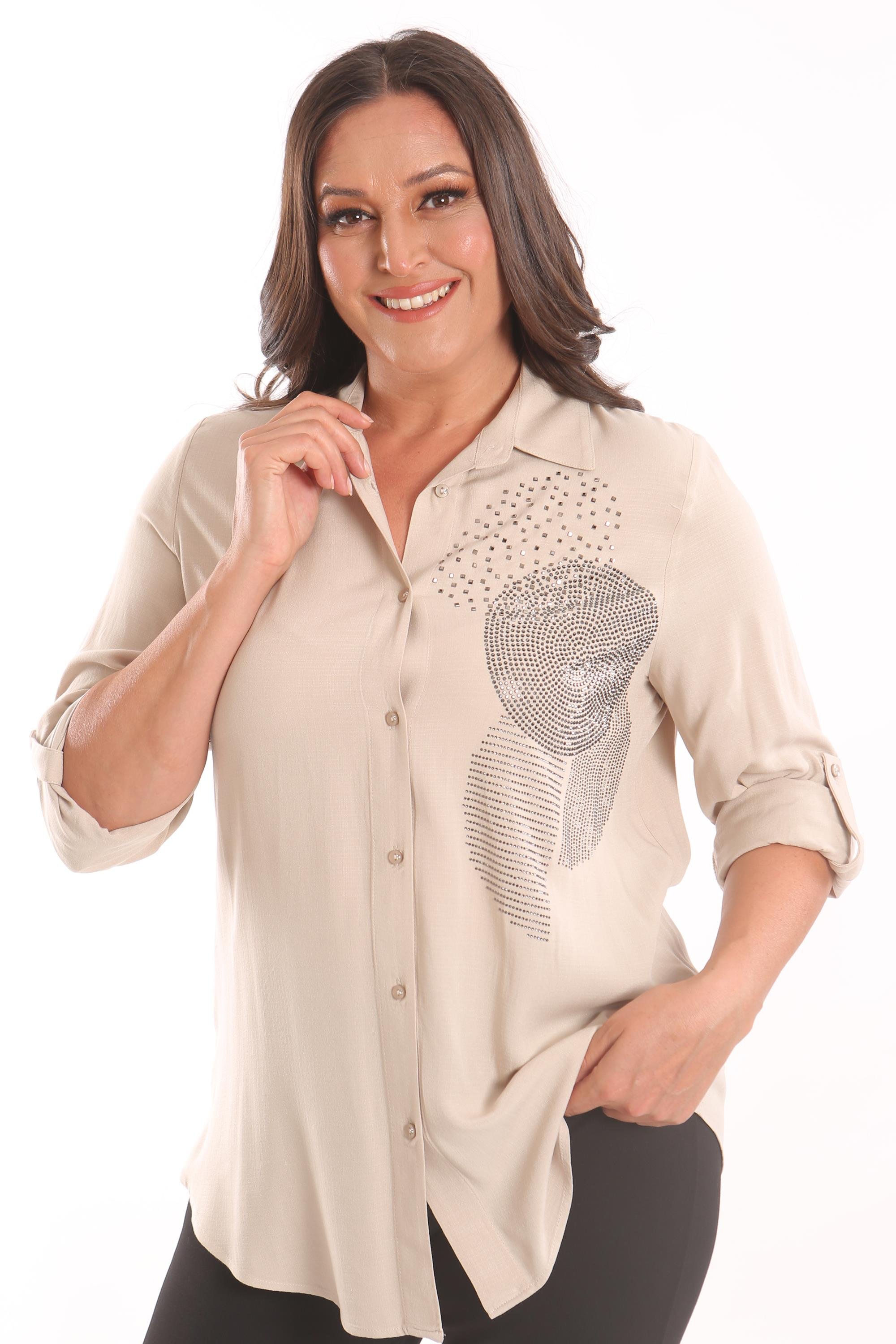 Trend42plus Büyük Beden Bej Taş Baskılı Dokuma Gömlek