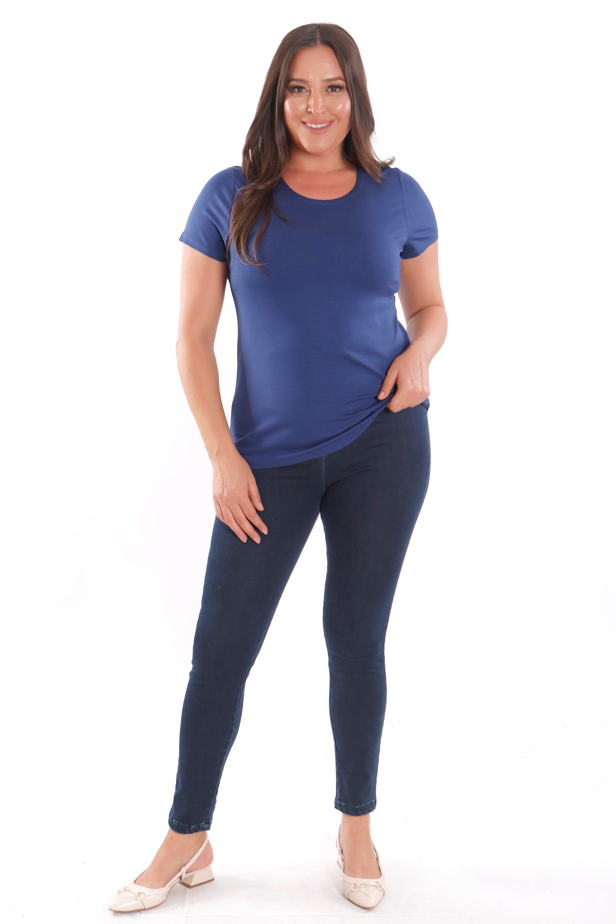 Trend42plus Büyük Beden Bisiklet Yaka Basic İndigo Bluz