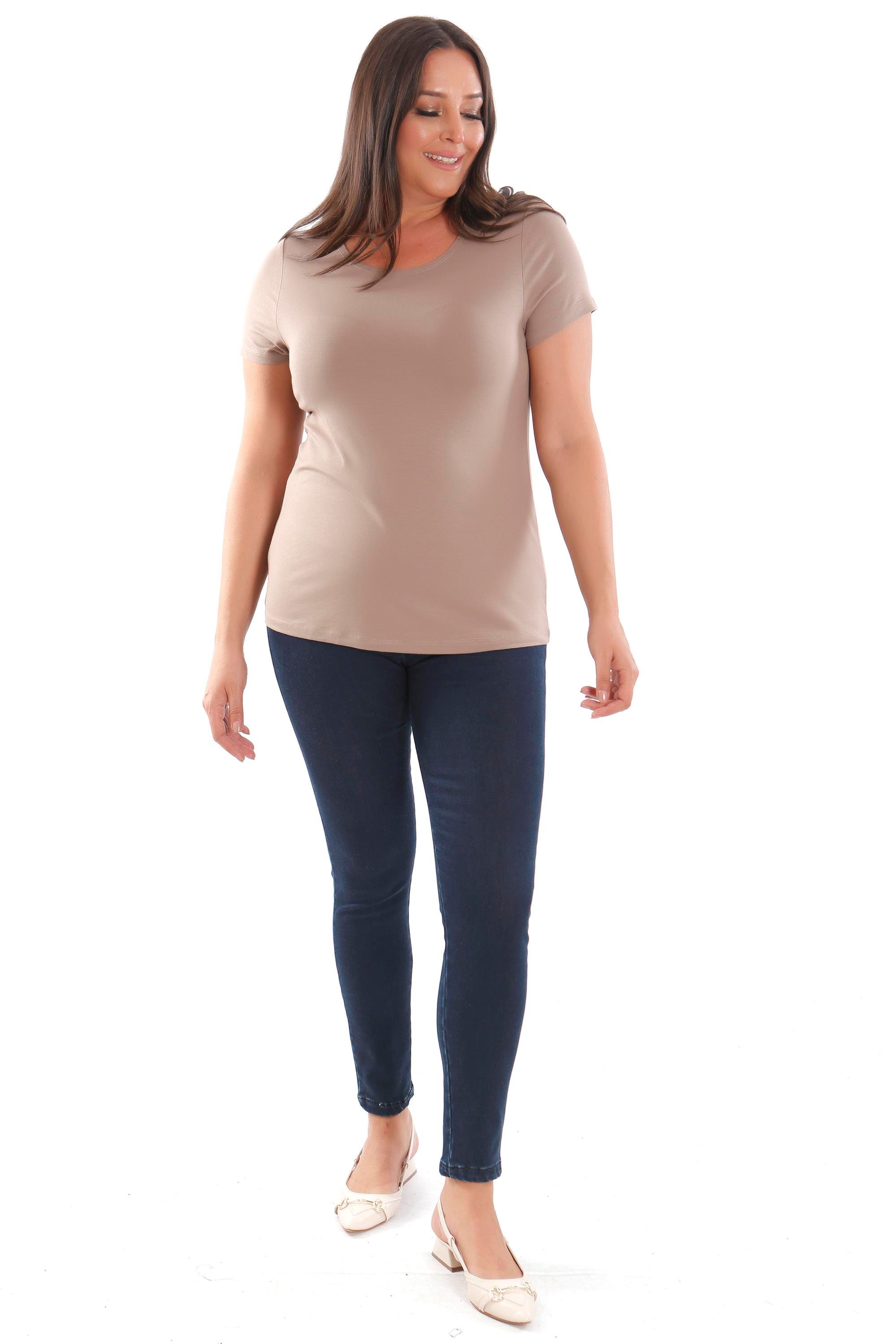 Trend42plus Büyük Beden Bisiklet Yaka Basic Vizon Bluz