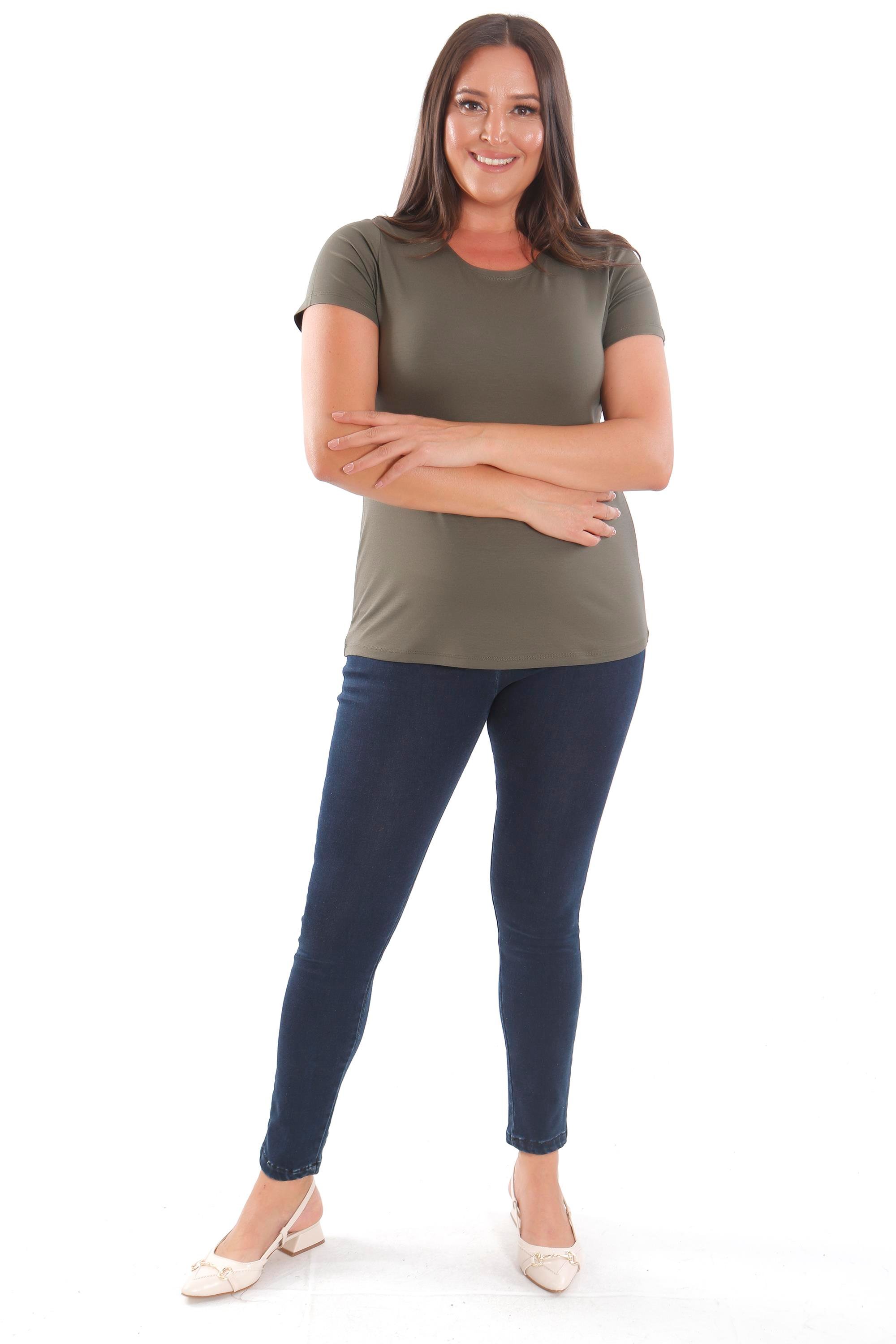 Trend42plus Büyük Beden Bisiklet Yaka Basic Haki Bluz