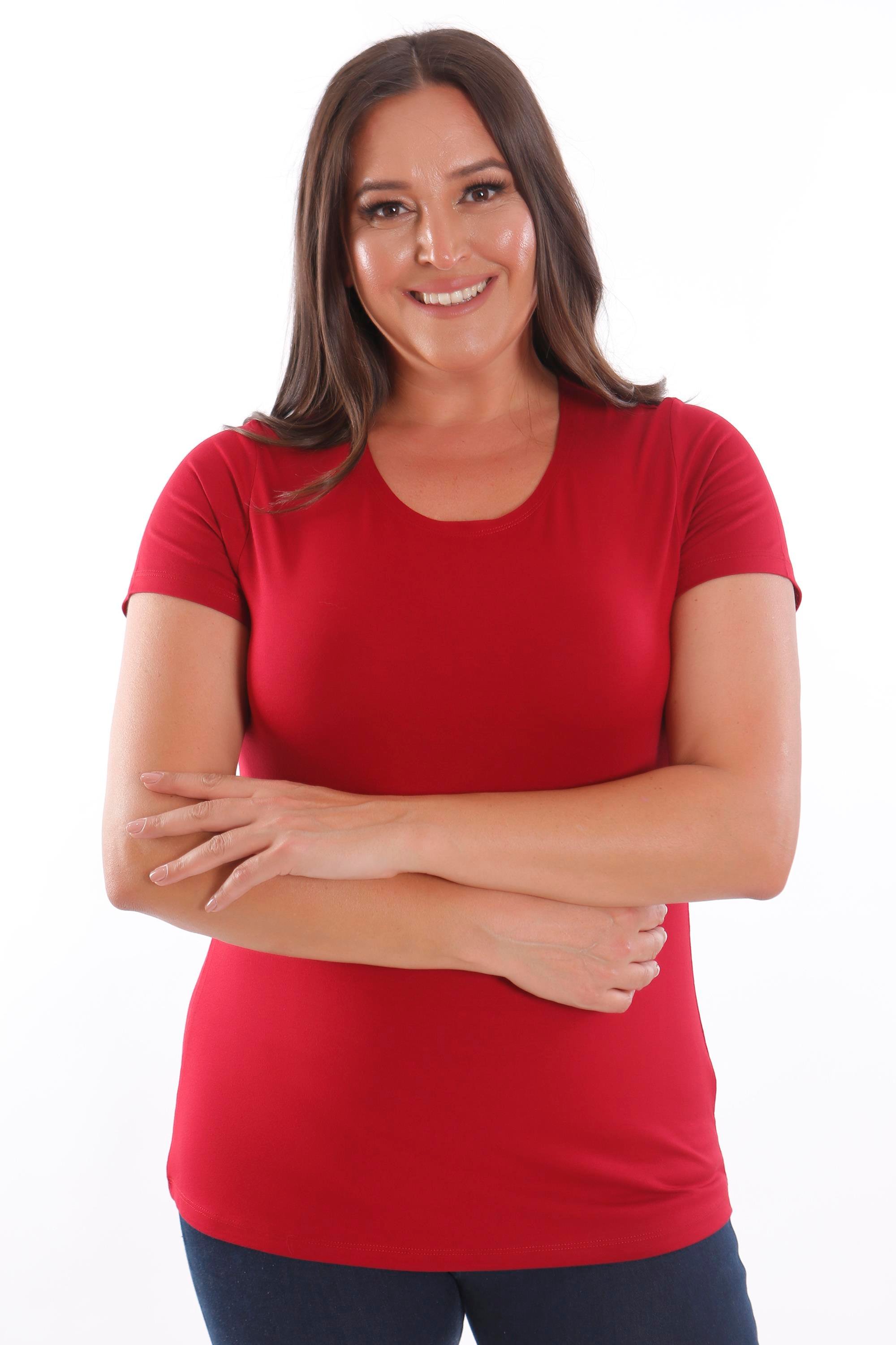 Trend42plus Büyük Beden Bisiklet Yaka Basic Bordo Bluz