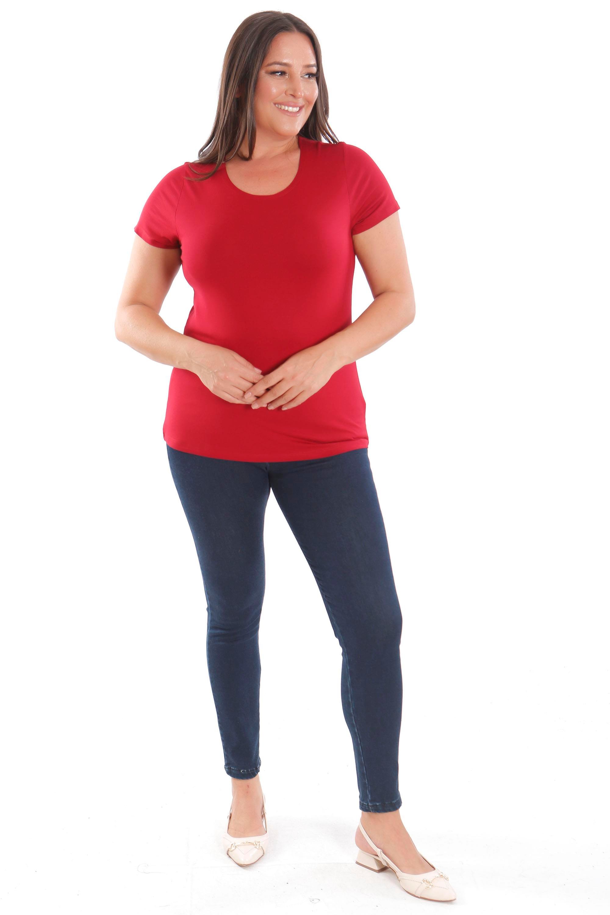 Trend42plus Büyük Beden Bisiklet Yaka Basic Bordo Bluz