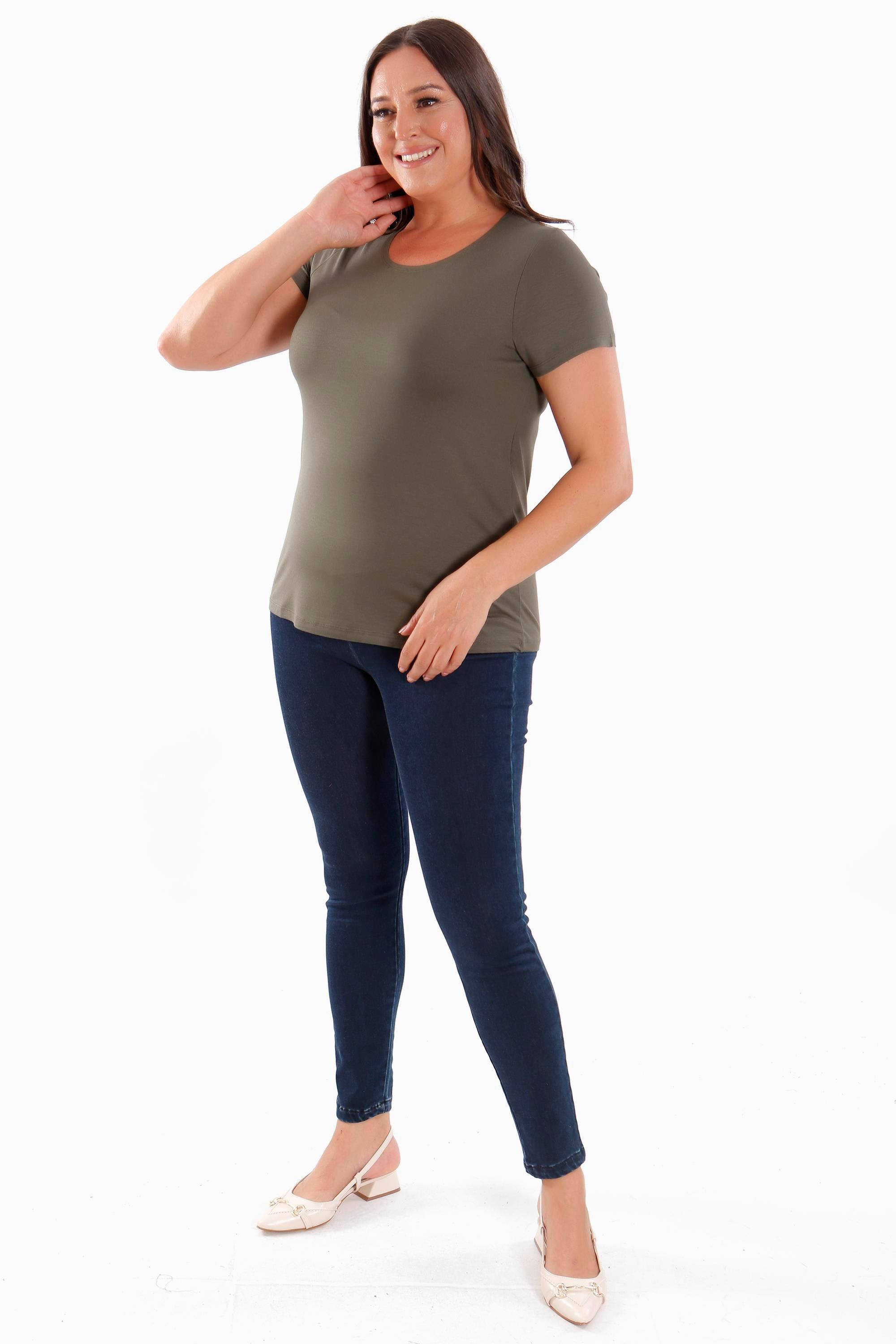 Trend42plus Büyük Beden Bisiklet Yaka Basic Haki Bluz