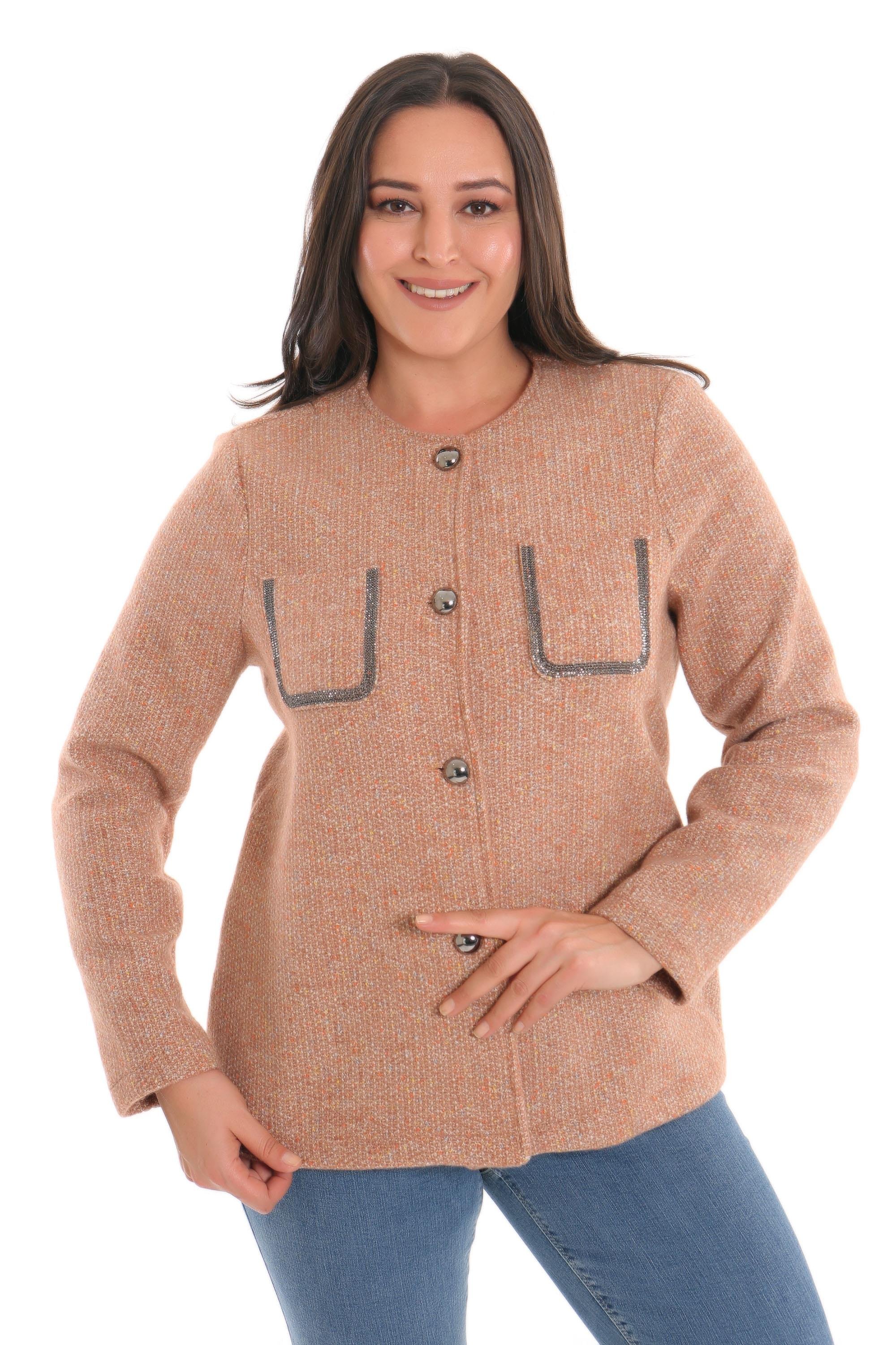 Trend42plus Büyük Beden Cebi Taş Baskılı Camel Ceket