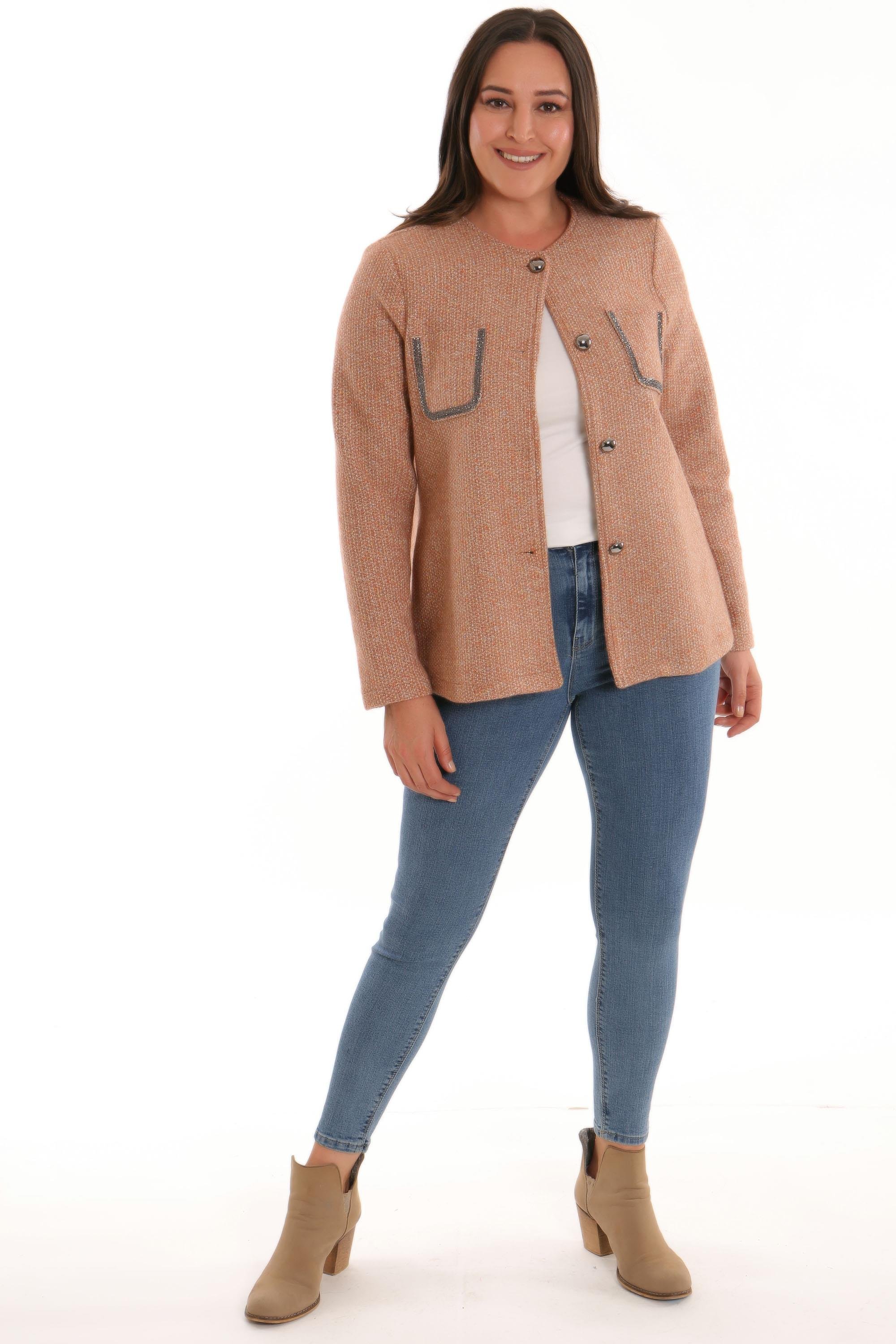 Trend42plus Büyük Beden Cebi Taş Baskılı Camel Ceket