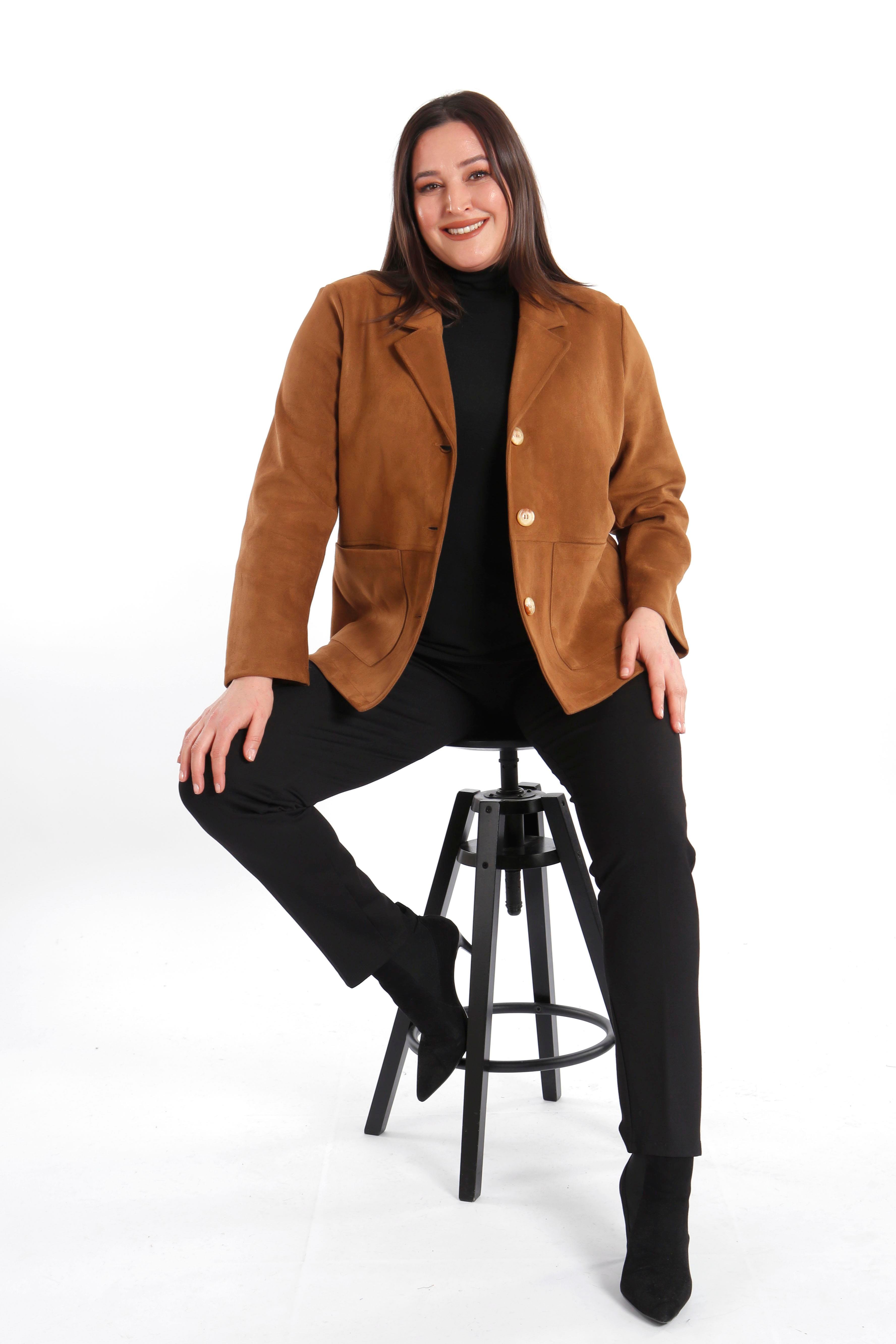 Trend42plus Büyük Beden Cep Detaylı Kahverengi Süet Ceket