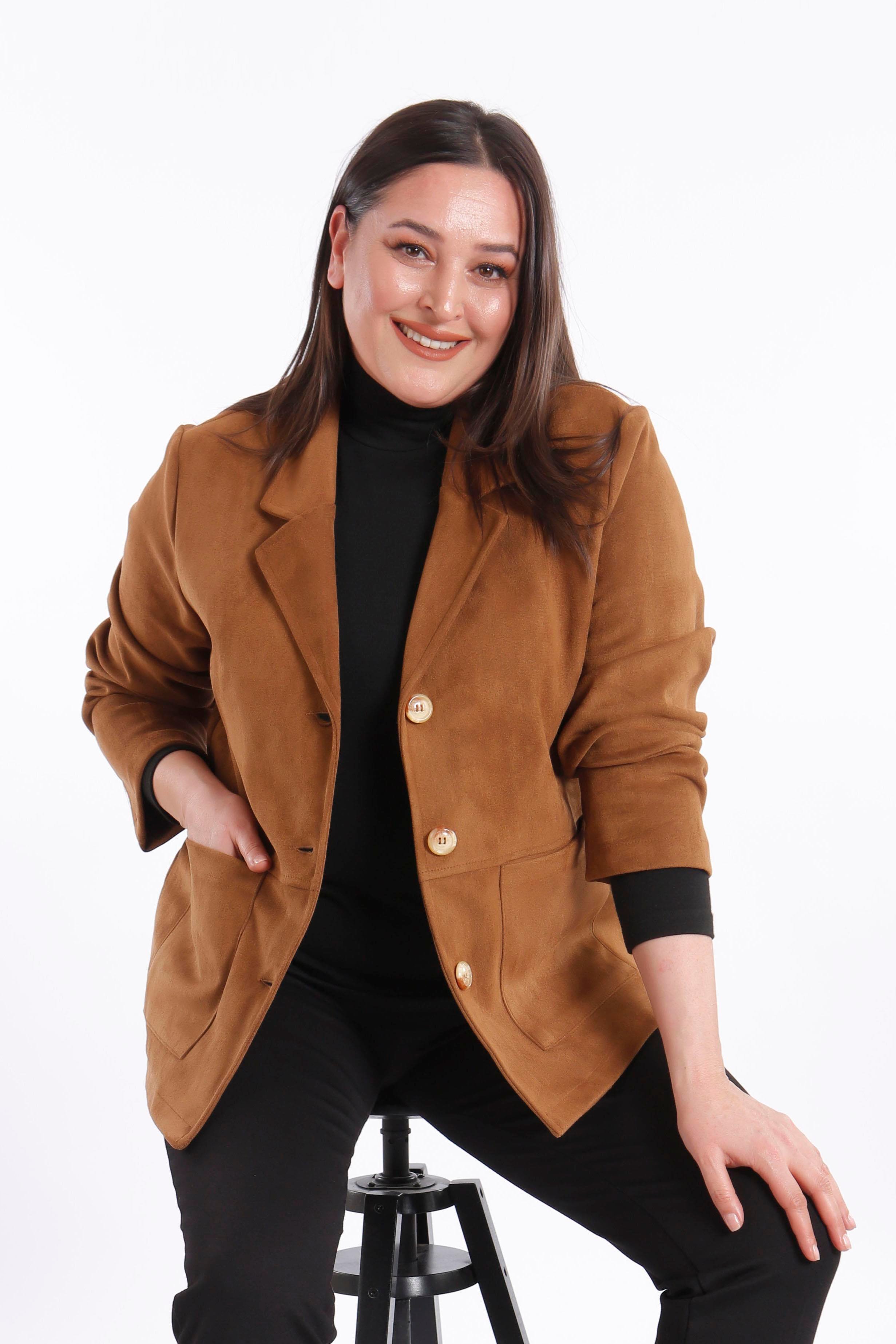 Trend42plus Büyük Beden Cep Detaylı Kahverengi Süet Ceket