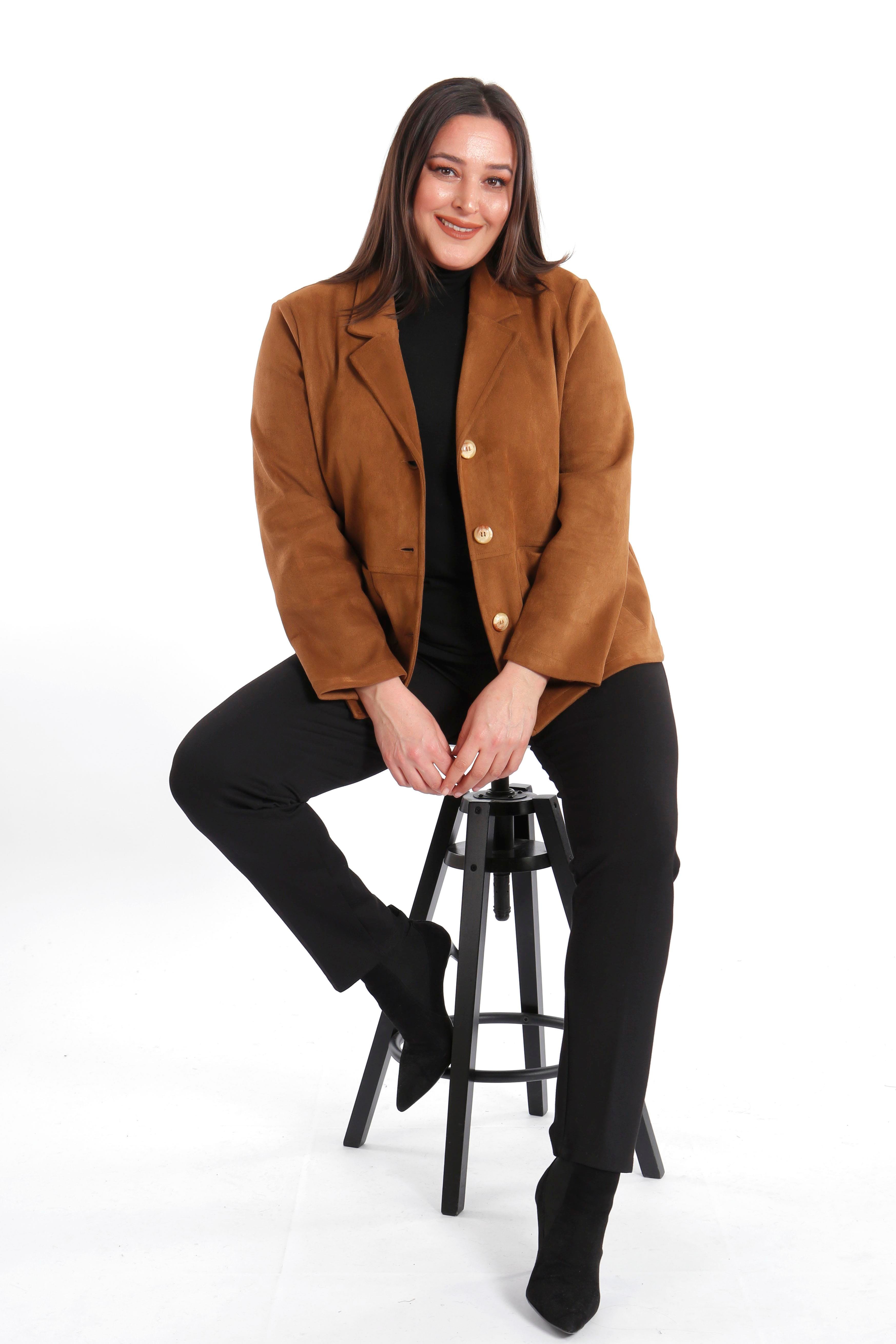 Trend42plus Büyük Beden Cep Detaylı Kahverengi Süet Ceket