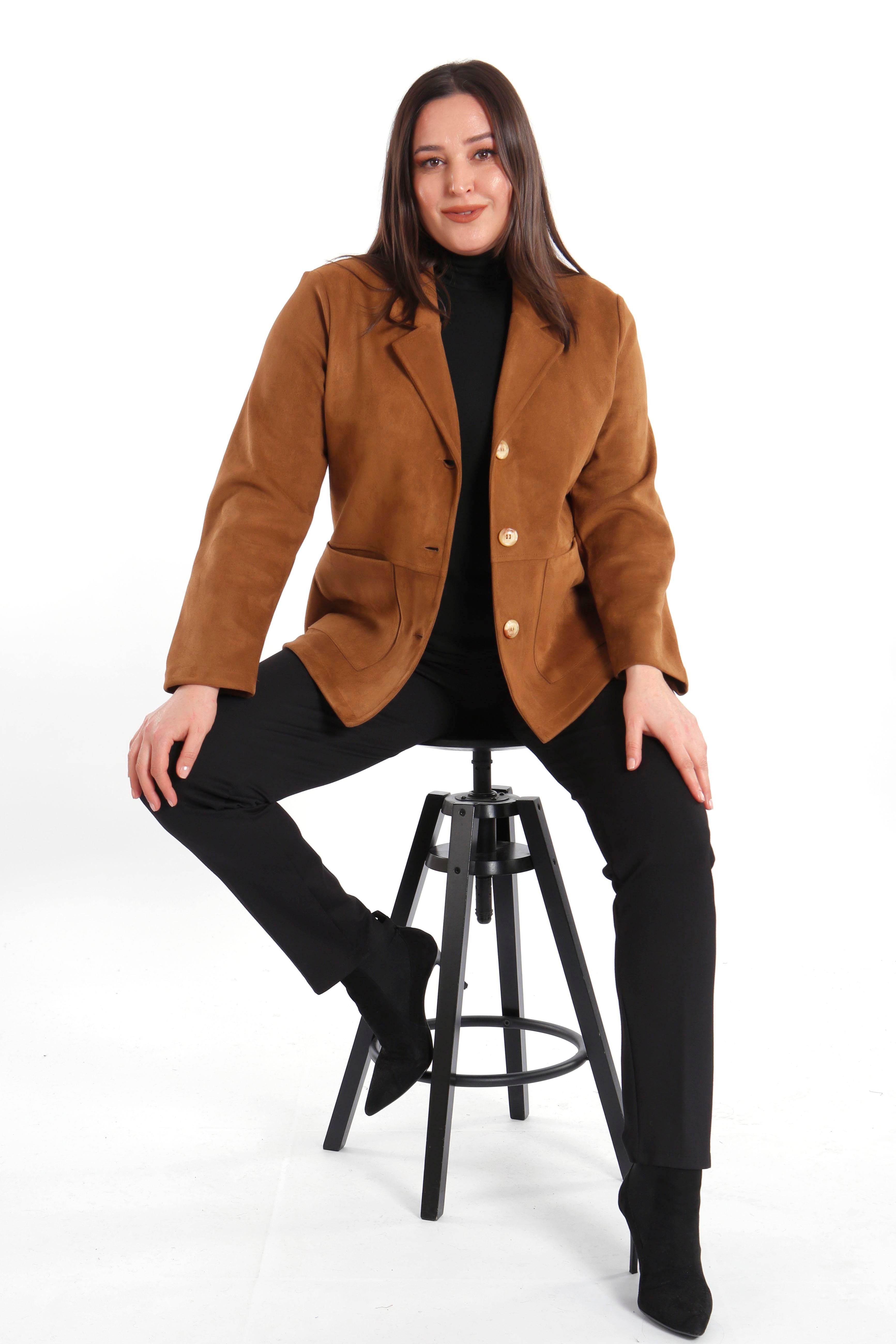 Trend42plus Büyük Beden Cep Detaylı Kahverengi Süet Ceket