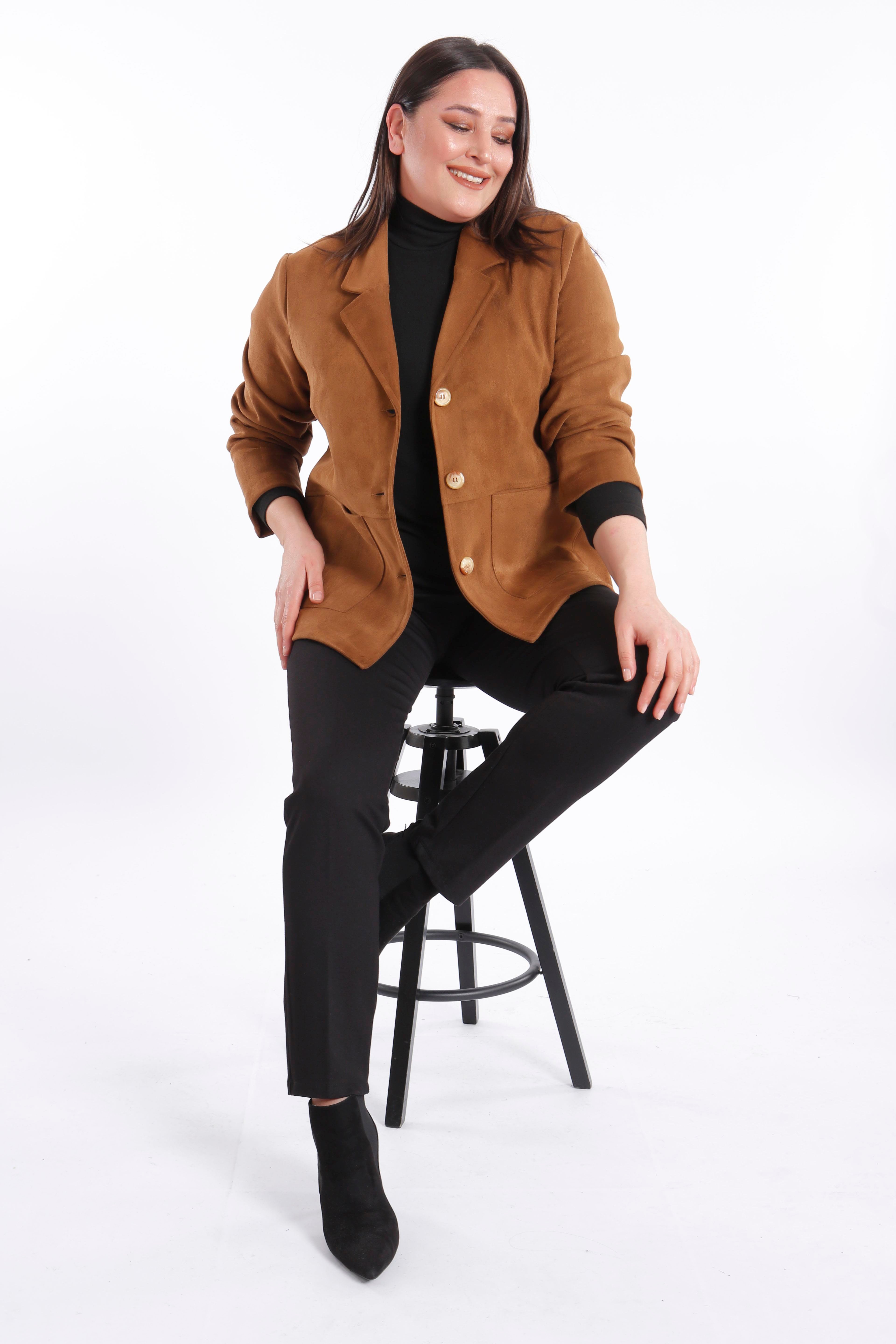 Trend42plus Büyük Beden Cep Detaylı Kahverengi Süet Ceket