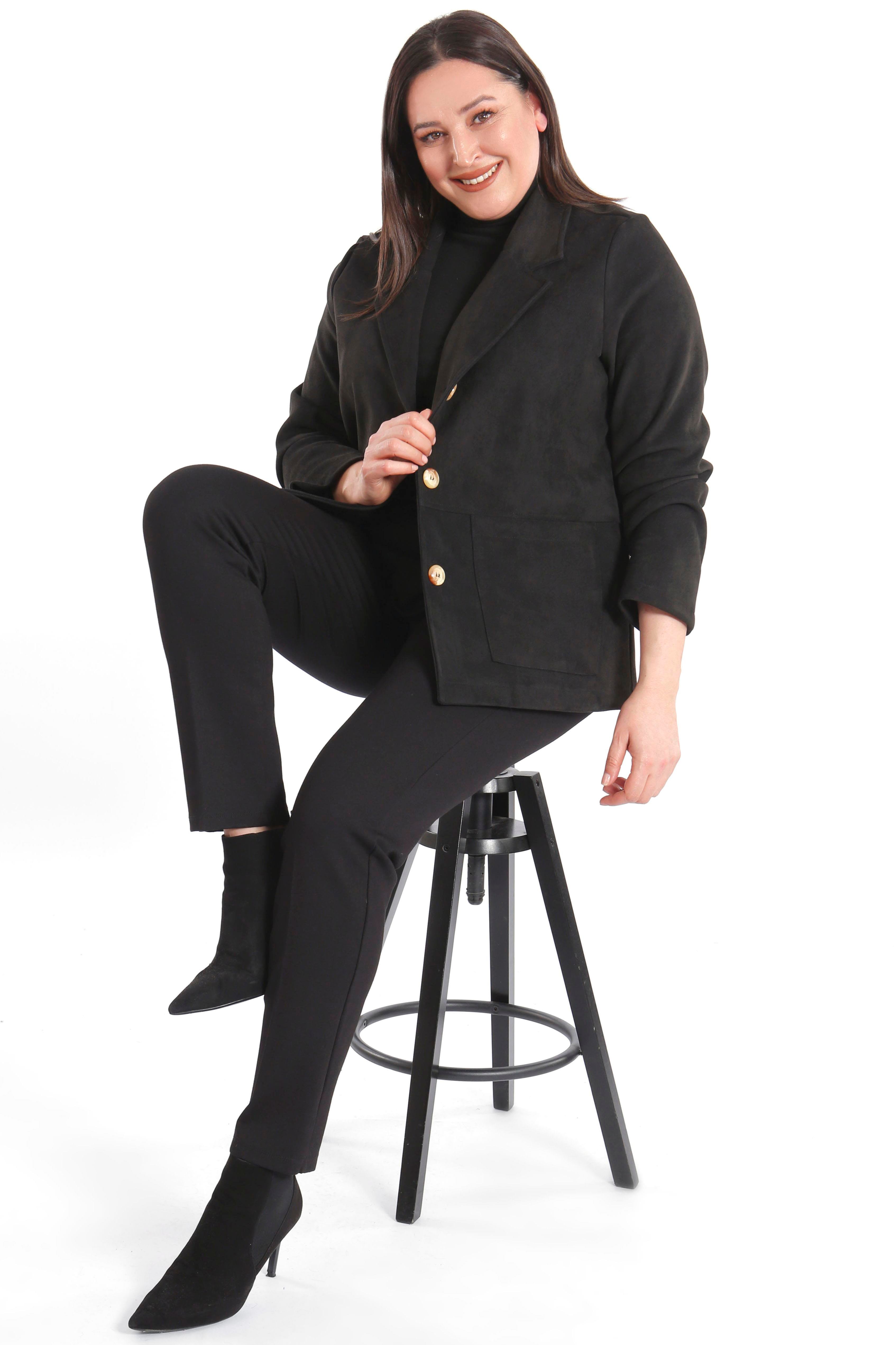 Trend42plus Büyük Beden Cep Detaylı Siyah Süet Ceket