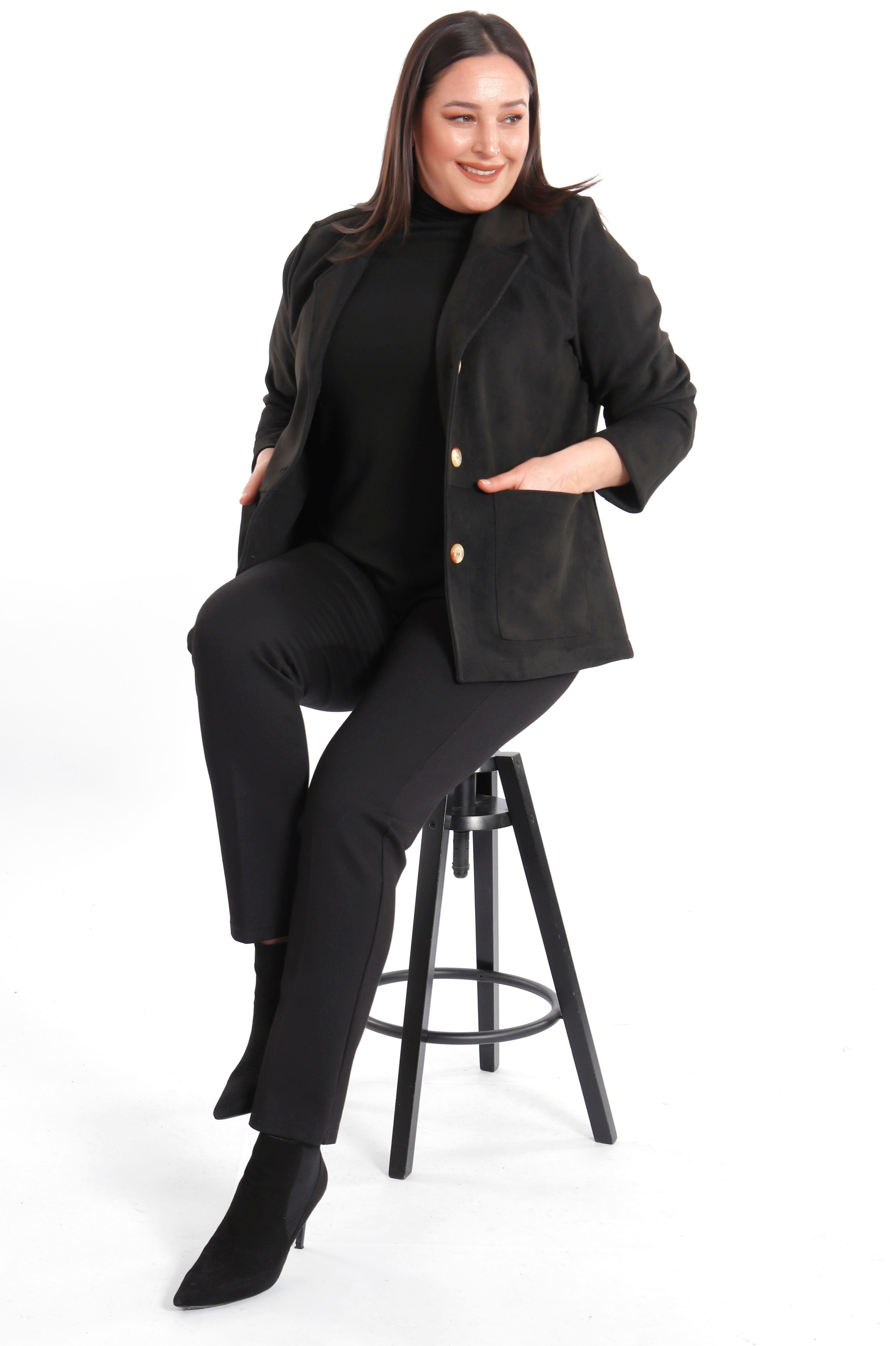 Trend42plus Büyük Beden Cep Detaylı Siyah Süet Ceket