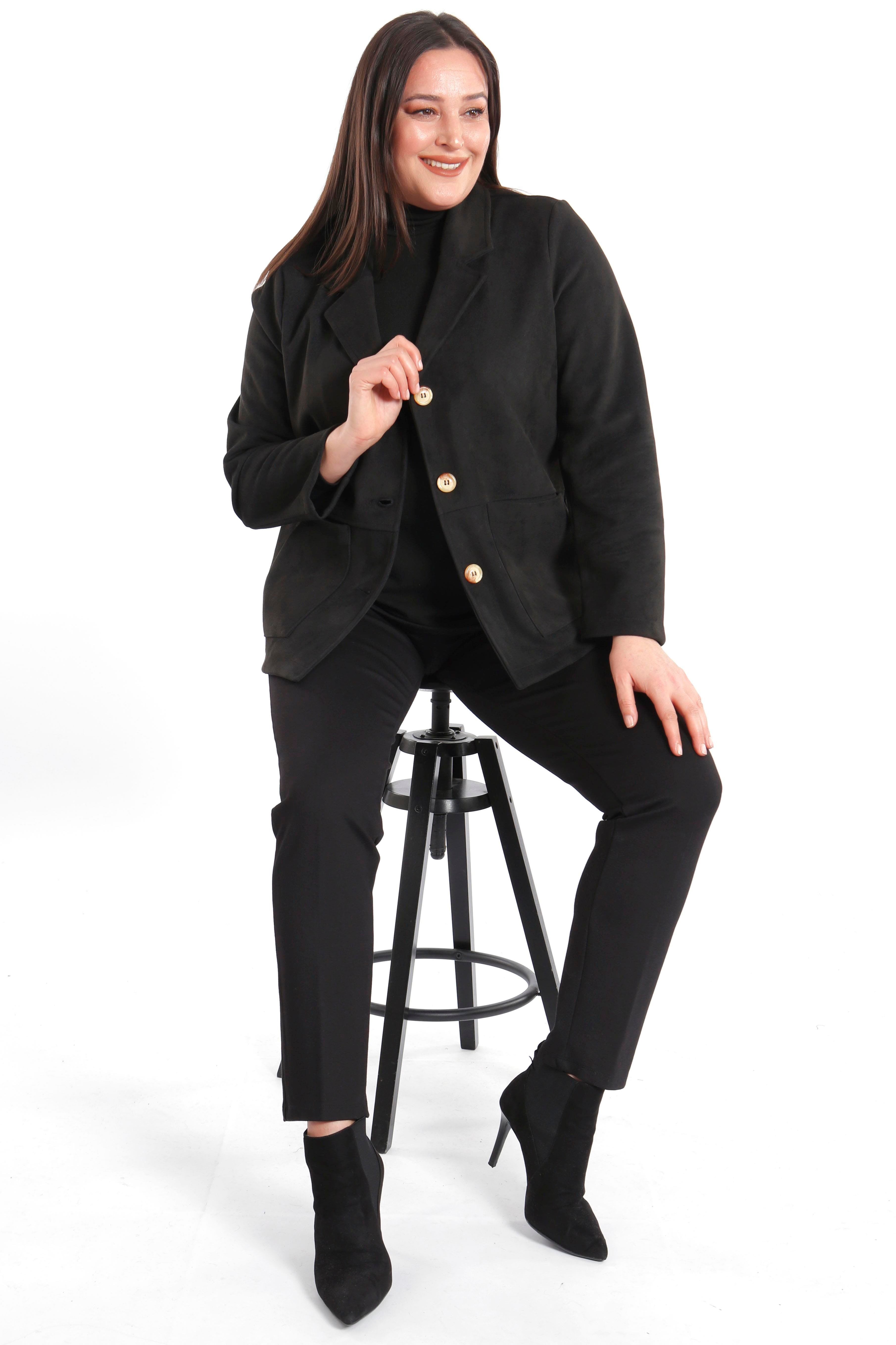 Trend42plus Büyük Beden Cep Detaylı Siyah Süet Ceket