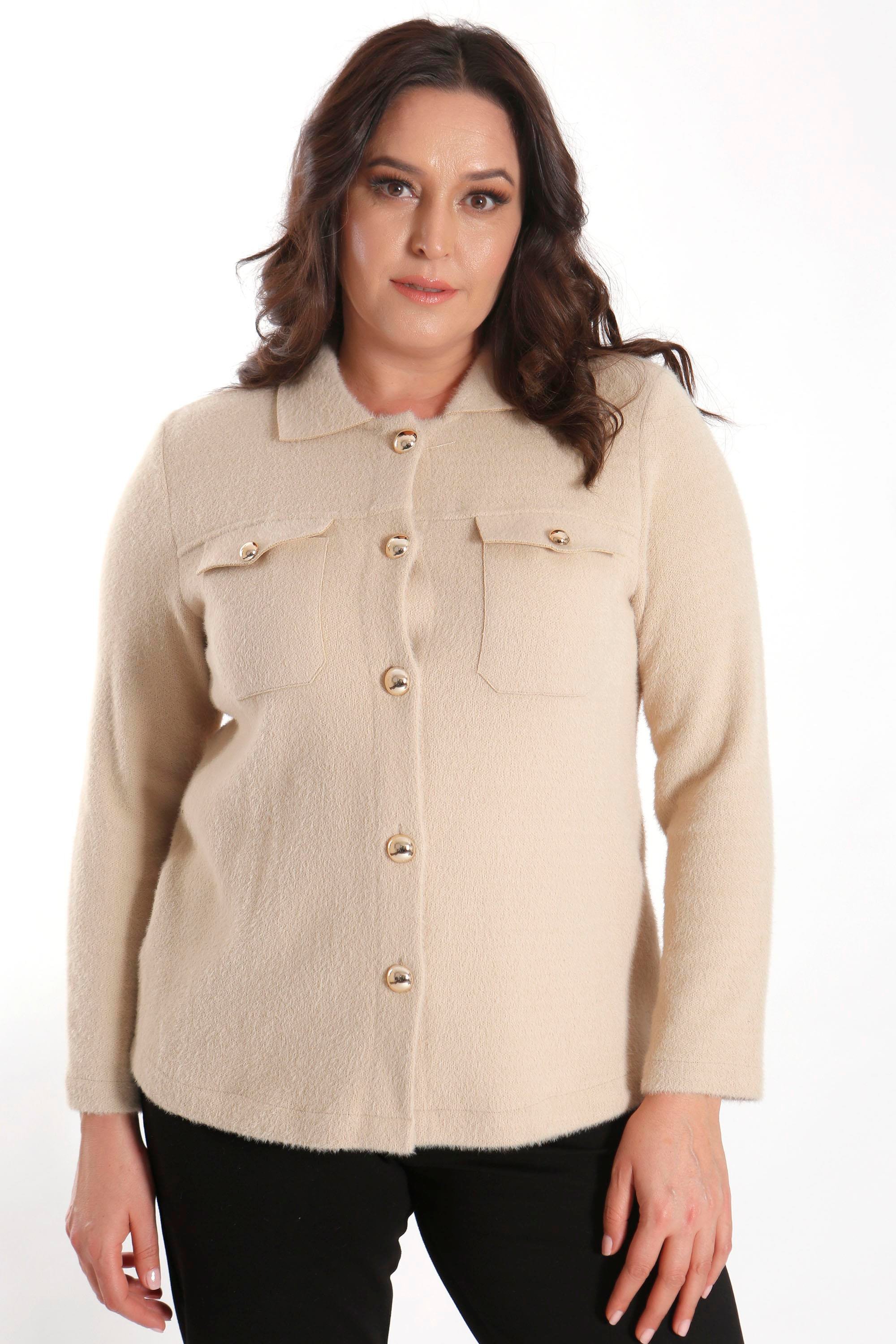 Trend42plus Büyük Beden Cep Detaylı Triko Bej Ceket