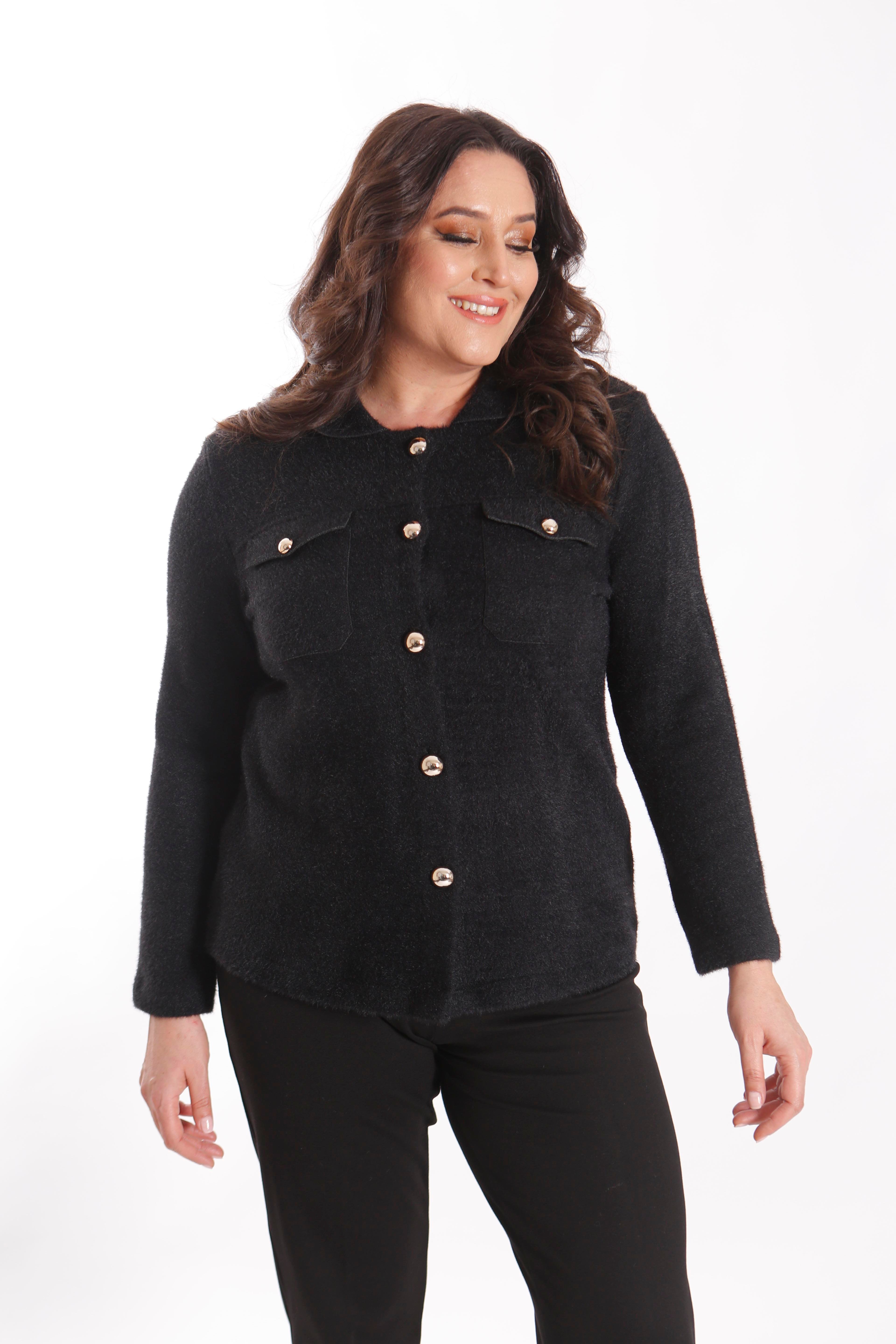 Trend42plus Büyük Beden Cep Detaylı Triko Siyah Ceket