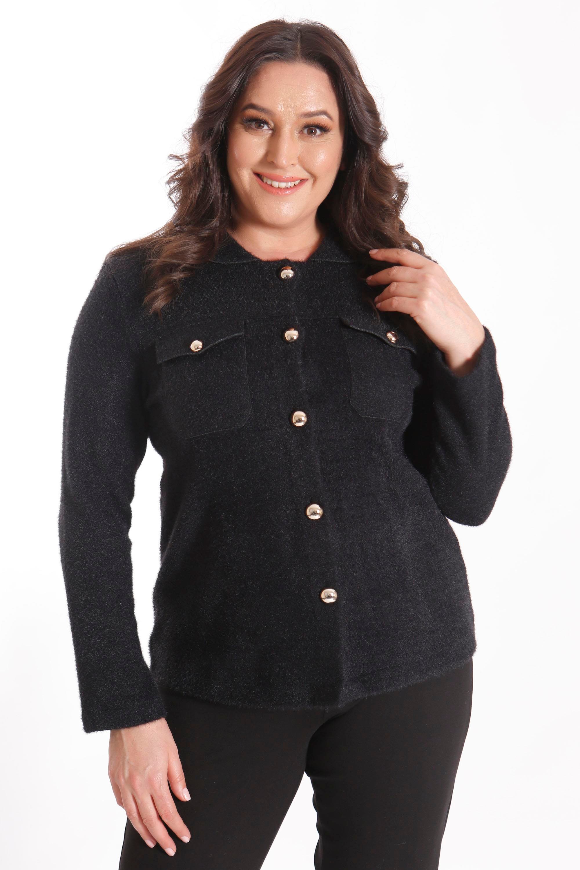 Trend42plus Büyük Beden Cep Detaylı Triko Siyah Ceket