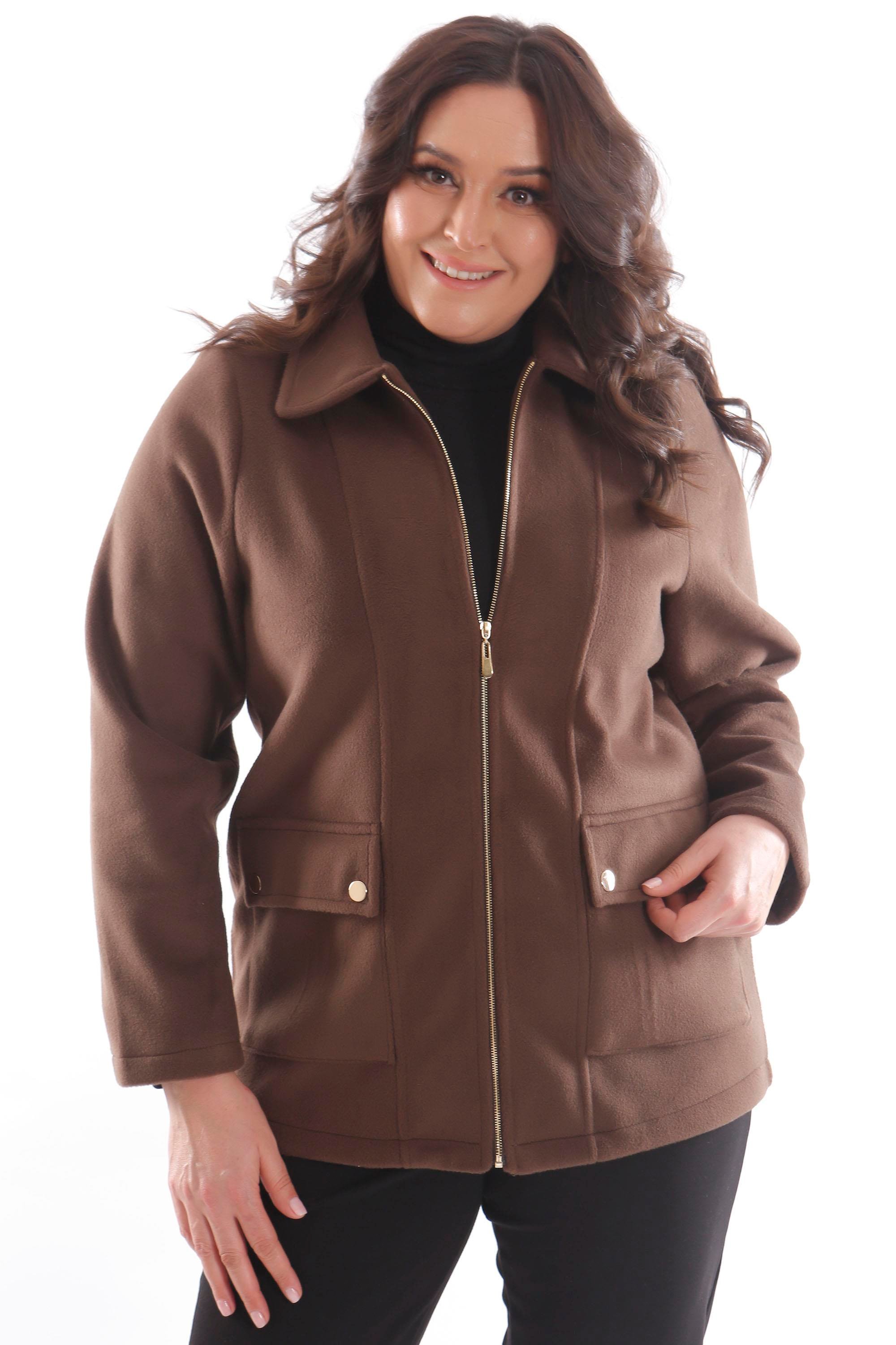 Trend42plus Büyük Beden Cep Kapaklı Fermuarlı Kahverengi Kaşe Kaban