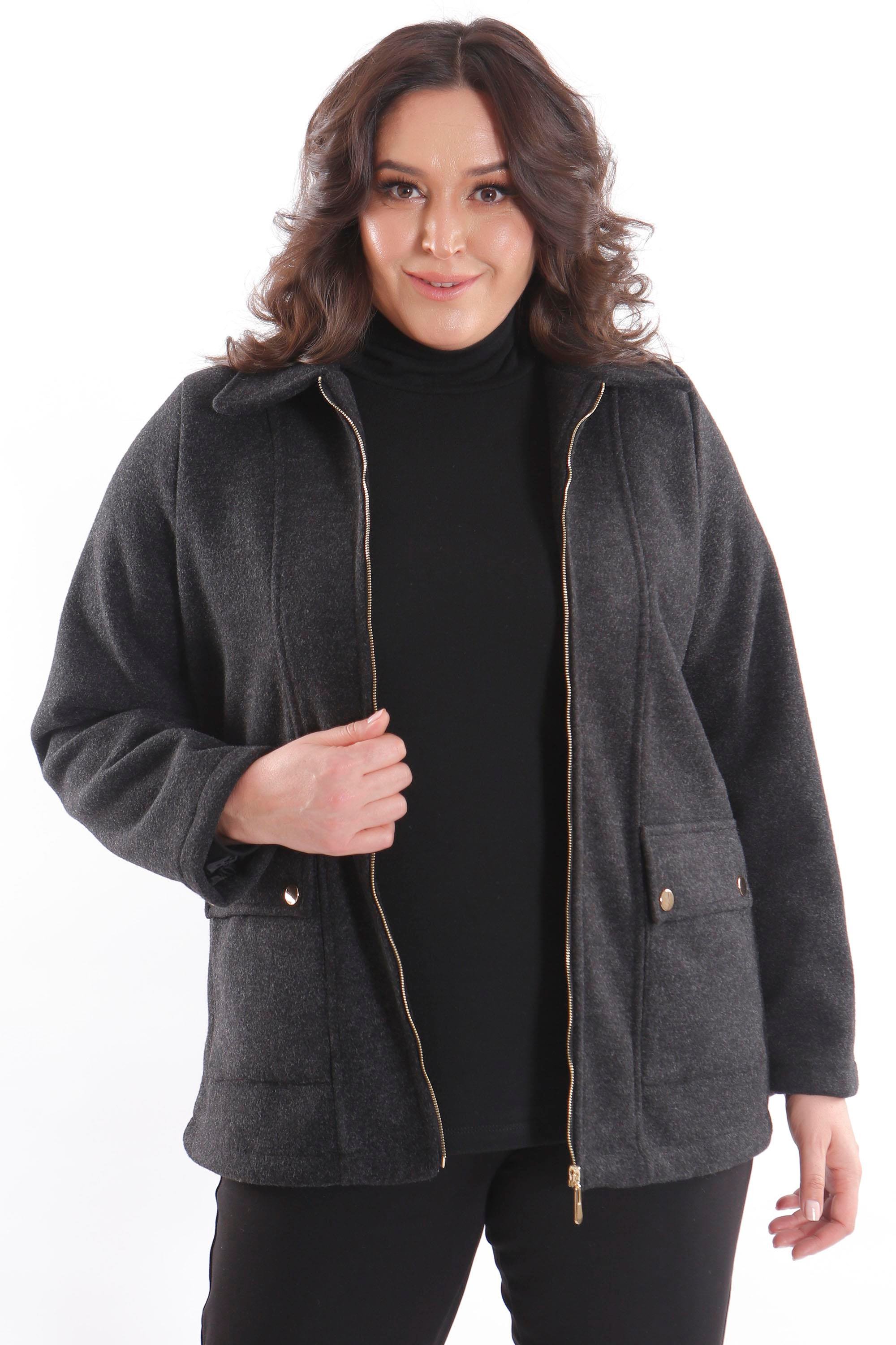 Trend42plus Büyük Beden Cep Kapaklı Fermuarlı Siyah Kaşe Kaban