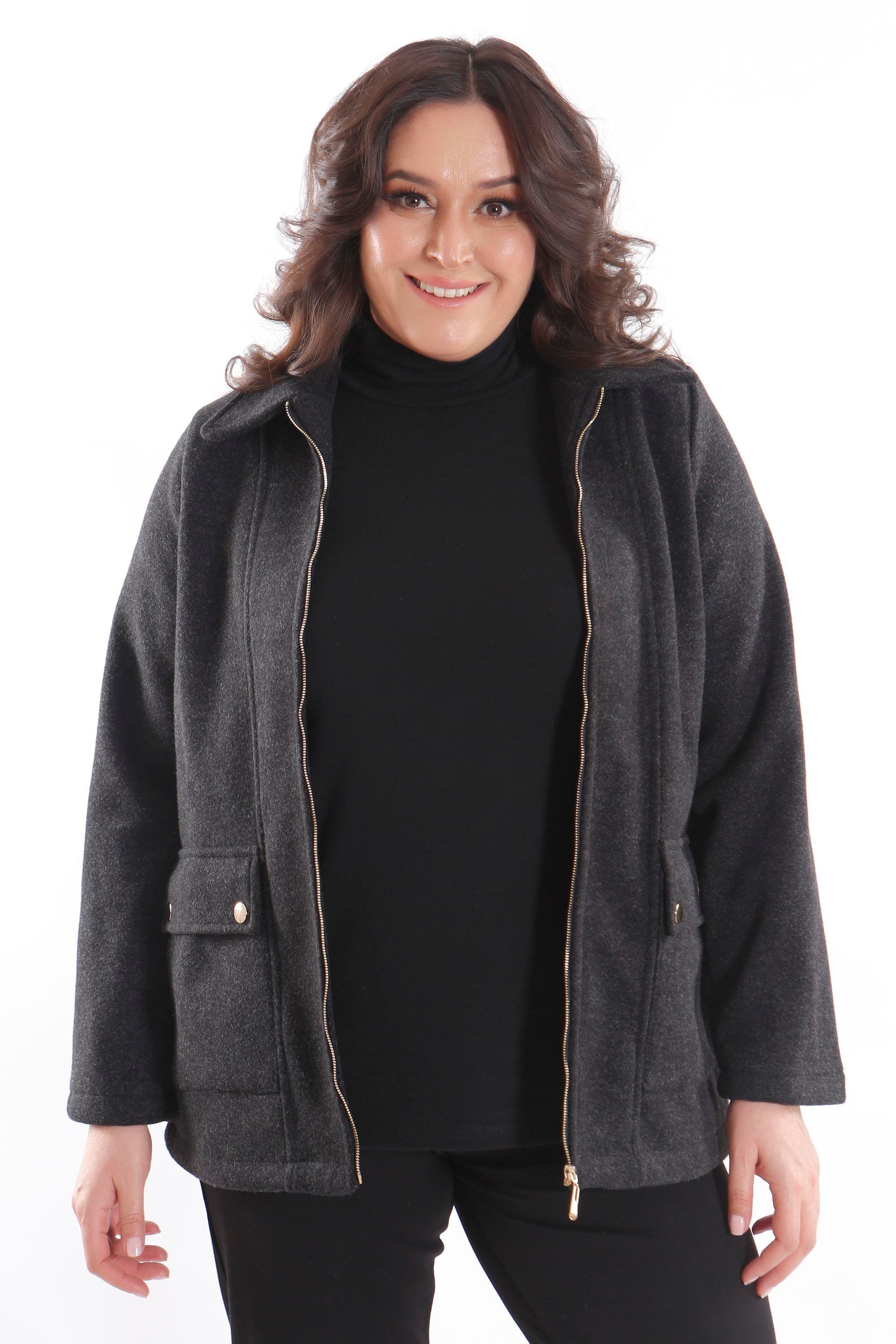 Trend42plus Büyük Beden Cep Kapaklı Fermuarlı Siyah Kaşe Kaban