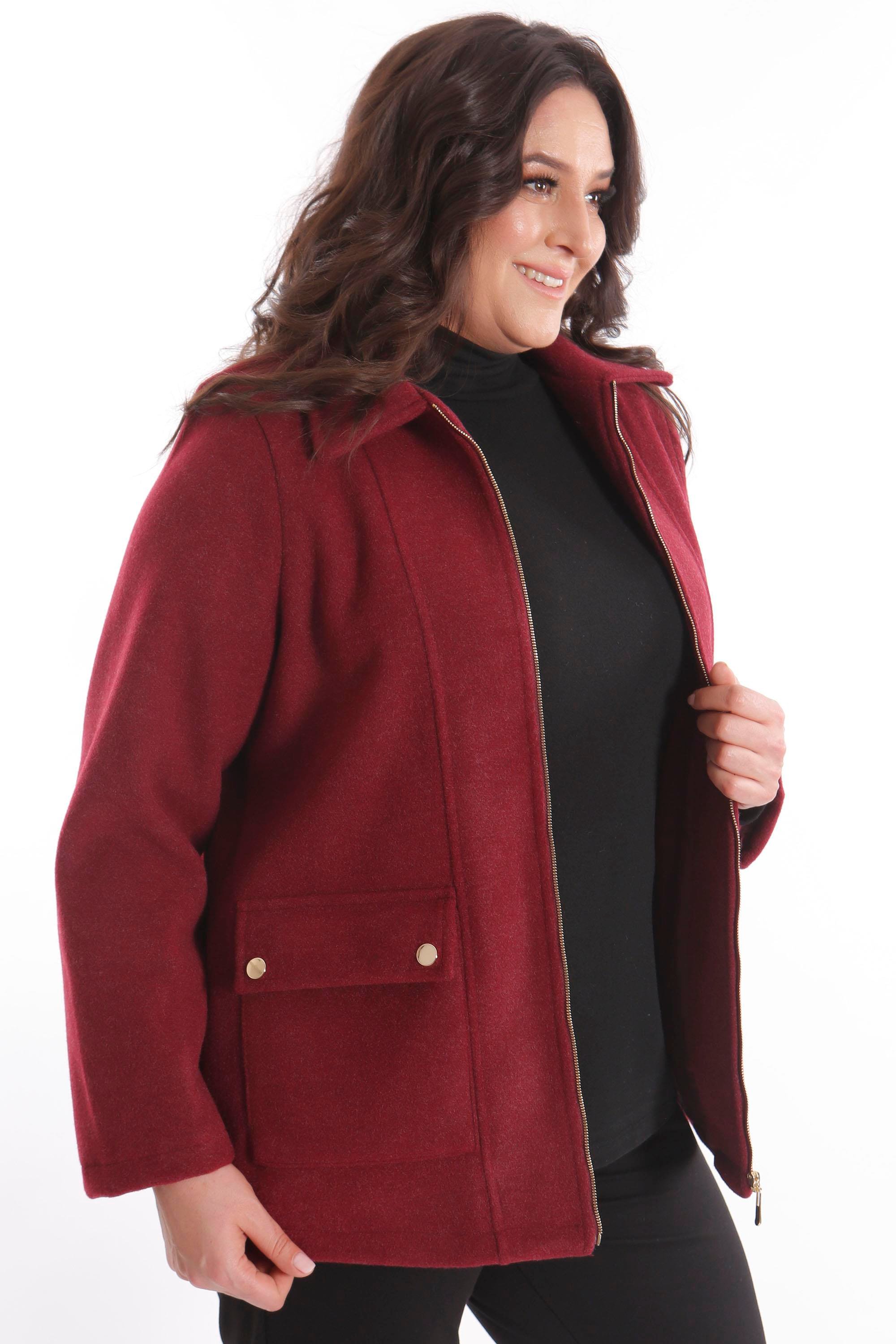 Trend42plus Büyük Beden Cep Kapaklı Fermuarlı Bordo Kaşe Kaban