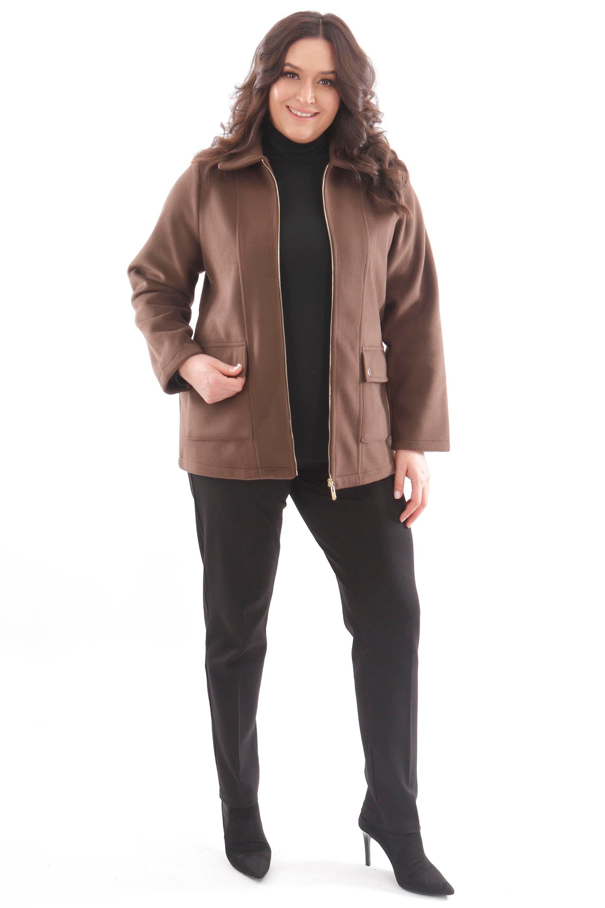 Trend42plus Büyük Beden Cep Kapaklı Fermuarlı Kahverengi Kaşe Kaban